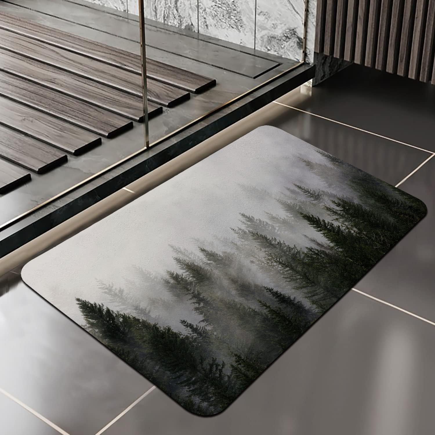 Ortigia Blue Misty Forest Bathroom Rug Quick Dry Super Absorbent Bath Mat Diatomite Mud Floor Mat Doormat Non Slip Rubber Bath F