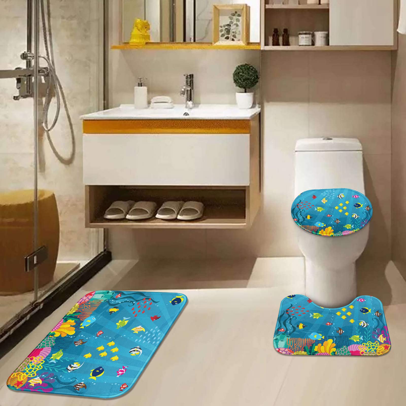 Tayney Tropical Fish Shower Curtain Set With Toilet Lid Cover And Non-Slip Rugs, Cartoon Underwater World 4 Pcs Shower Curtain W