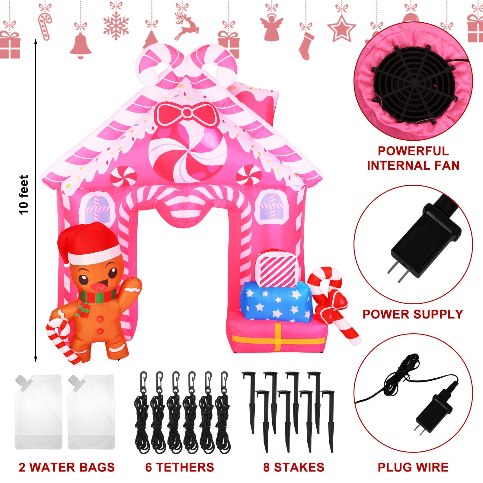 Lenwen Lenwen 10 ft Pink Christmas Inflatable Gingerbread House Archway Gingerbread Man Cookie House and Candy Cane Decor with L