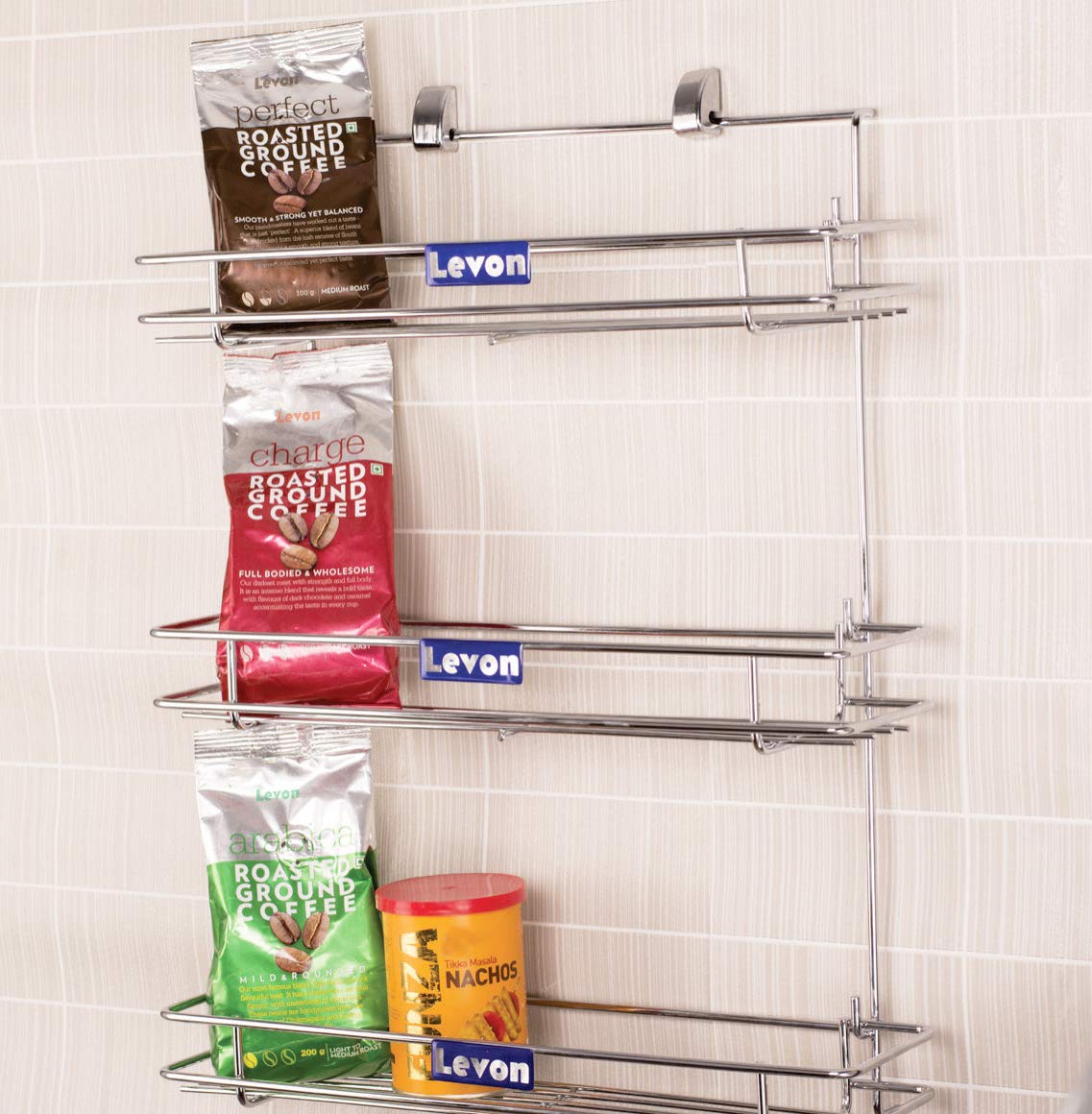 Levon Stainless Steel Wall Mounted Bottle Rack For Kitchen | 3 Tier Bottle Shelf Organizer  Size (15)