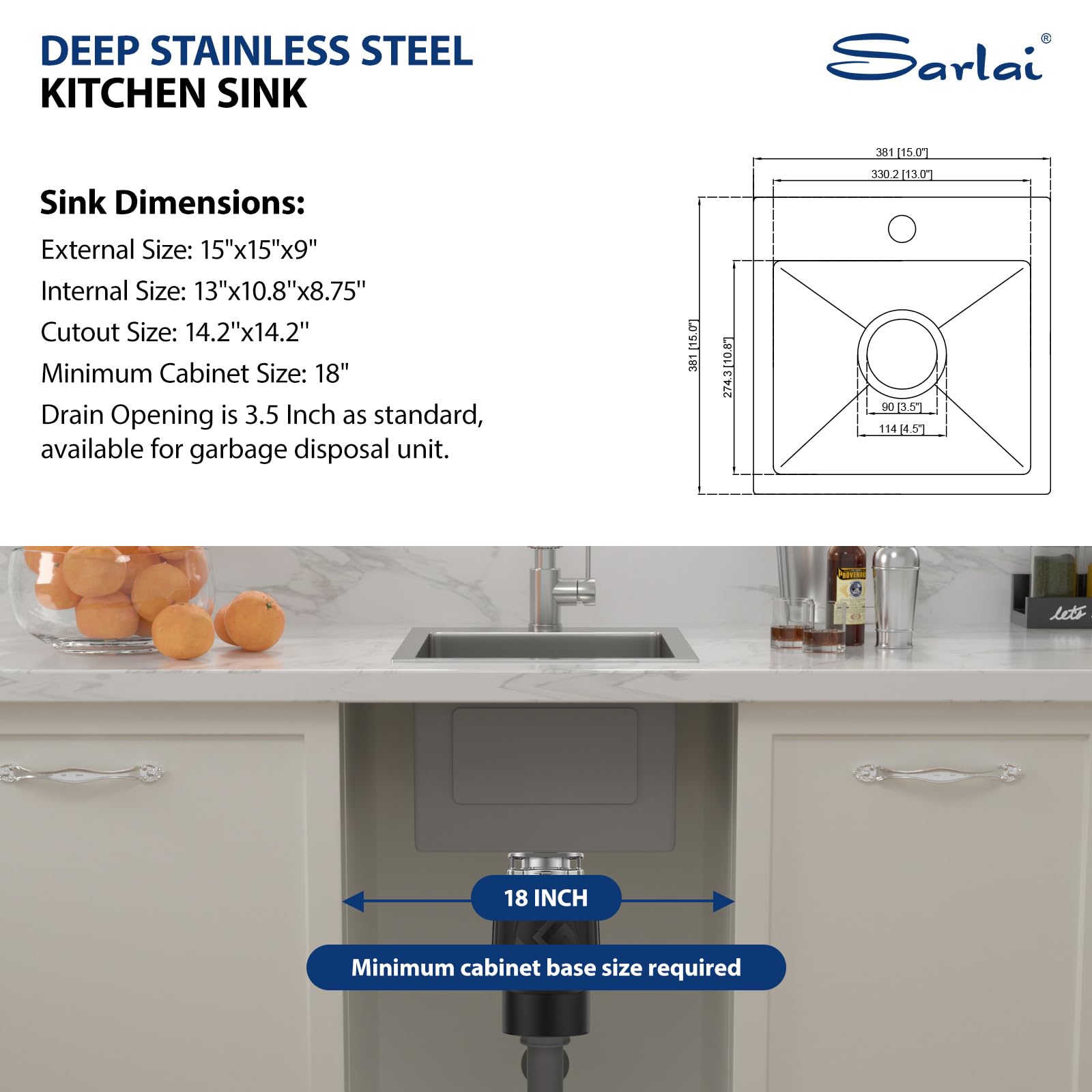 Sarlai 15 Drop Bar Sink Stainless Steel - 15 Inch Bar Prep Sink Topmount Stainless Steel 16 Gauge Deep Single Bowl Over Counter