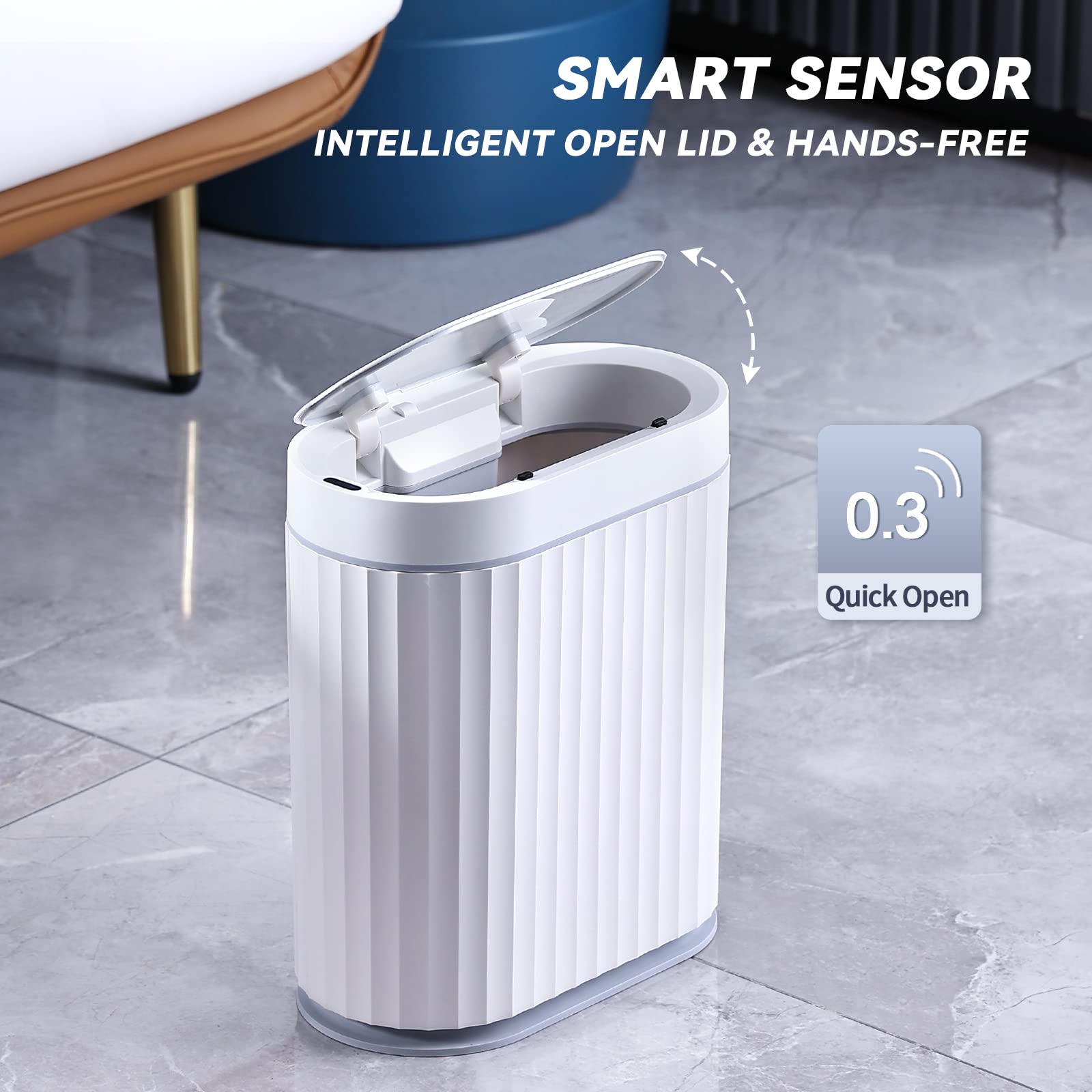 Elpheco Bathroom Motion Sensor Trash Can 2 Gallon Automatic Garbage Can, 9 L Slim Plastic Smart Trash Can With Lid, Commercial I