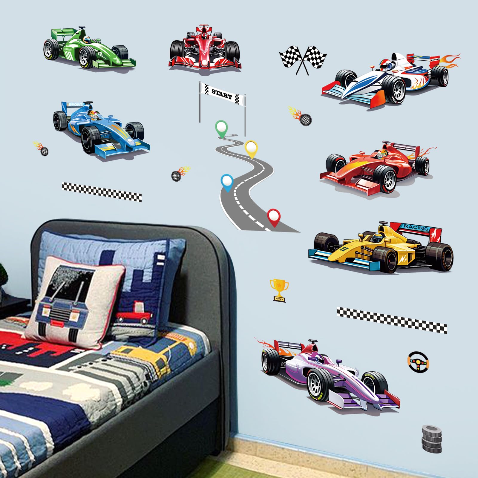 Wondever Racing Car Wall Stickers Vehicles Roads Peel And Stick Wall Art Decals For Kids Bedroom Boys Room Playroom