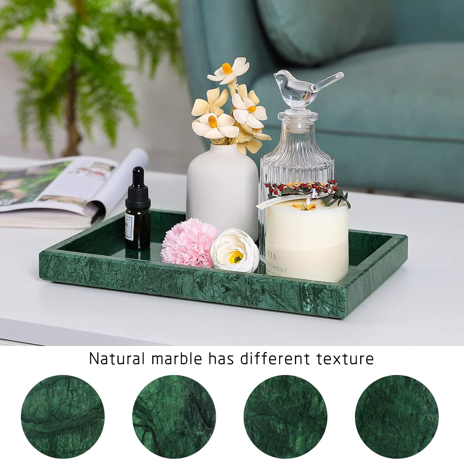 Heshibi Marble Tray For Bathroom,100% Natural Marble Stone Vanity Tray For Kitchen,Home Deco,Vanity. Blackish Green 12''X 8'' X1