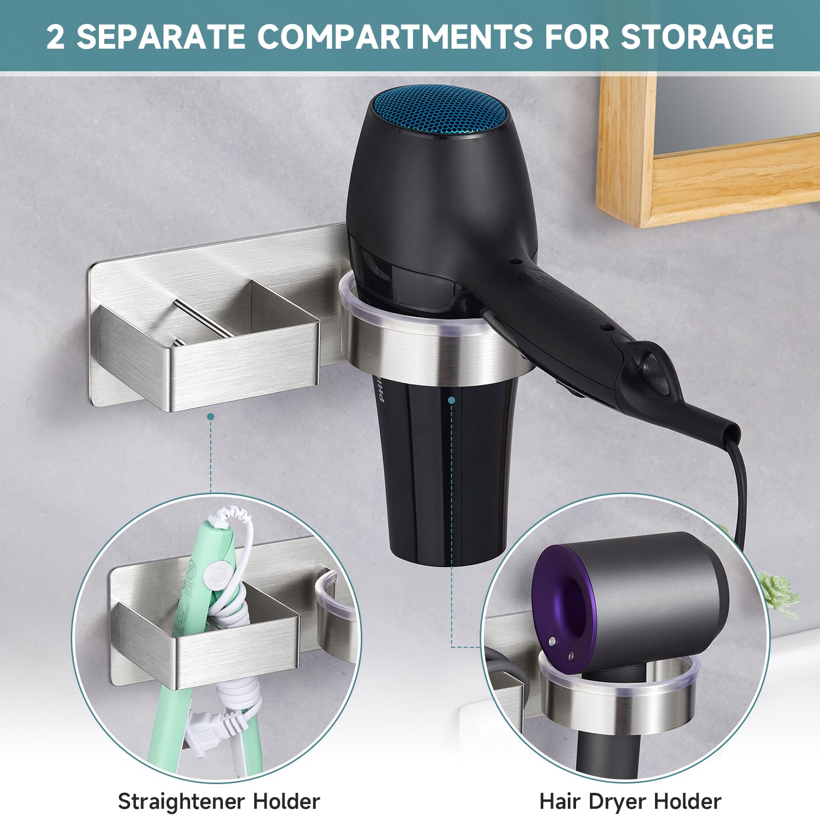 Oukimly Hair Dryer Holder - Wall Mounted Stainless Steel Organizer in Silver for Flat Iron, Curling Iron, and Hairdryer