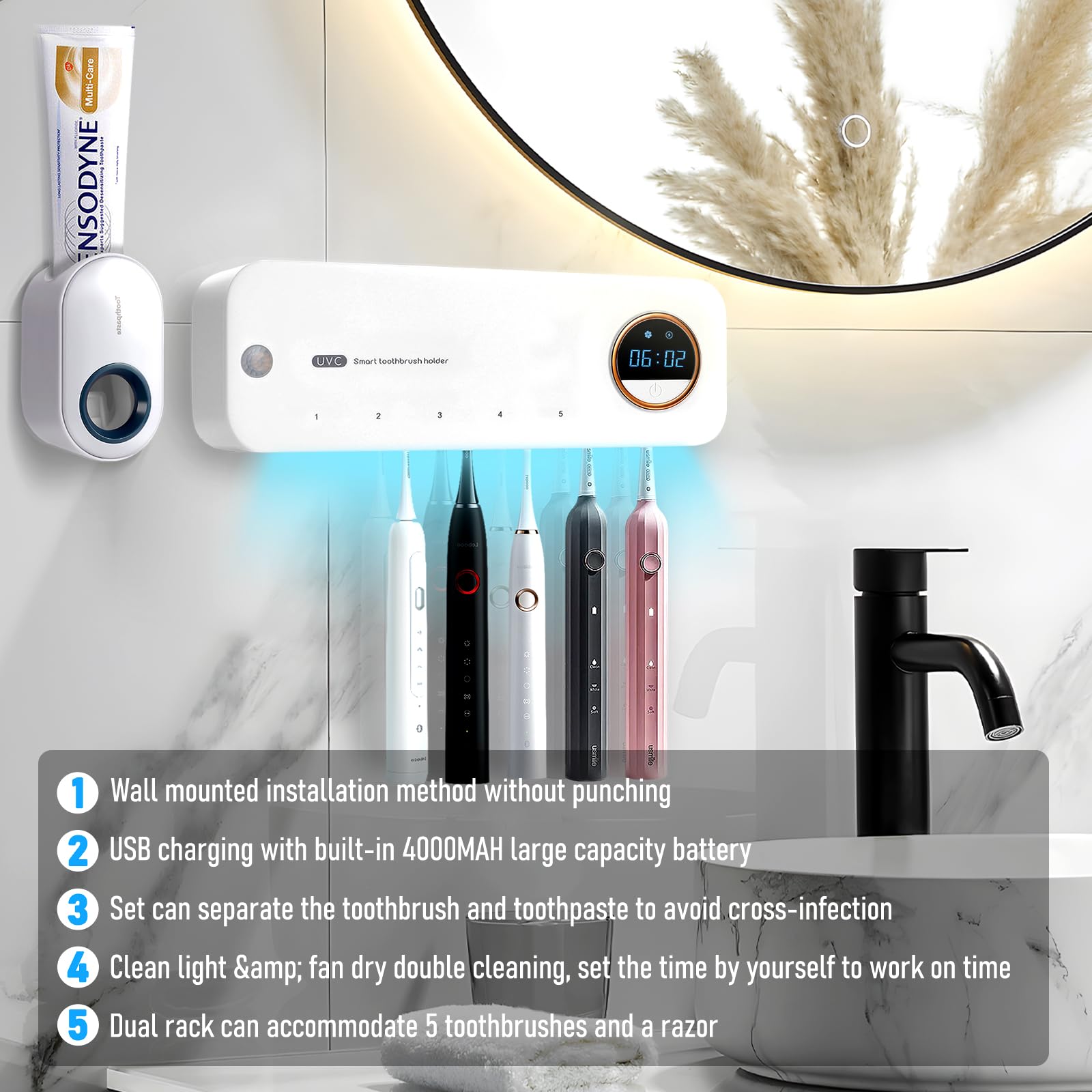 Gfbebdvtoothbrush Cleaner And Automatic Toothpaste Extruder Set,Toothbrush Holder Cleaner,Fan Drying And Timerfunction,Automatic
