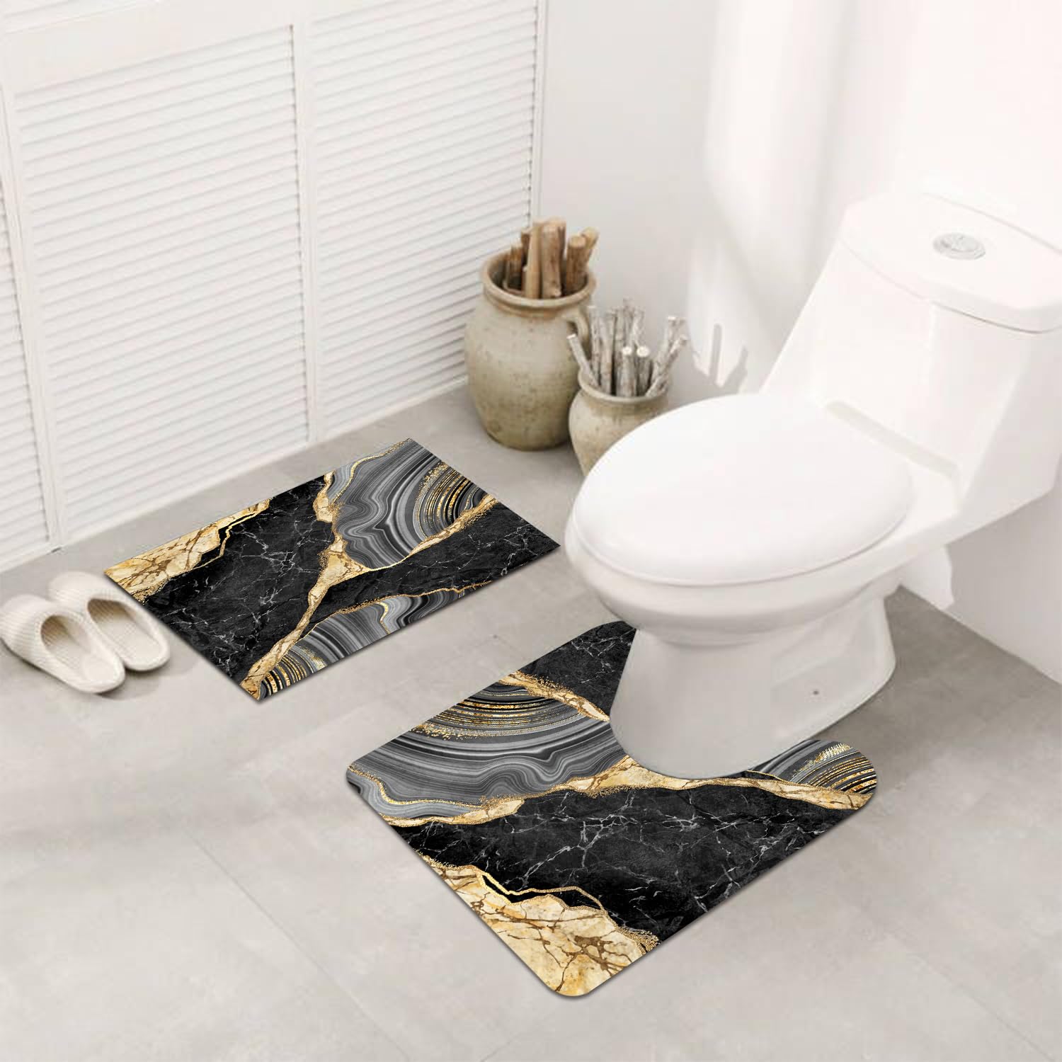 Muginyu Black And Gold Rug For Bathroom Decor,Black And Gold Bathroom Rugs Sets 3 Piece,Marble Decor Thin Rubber Diatomaceous Ea