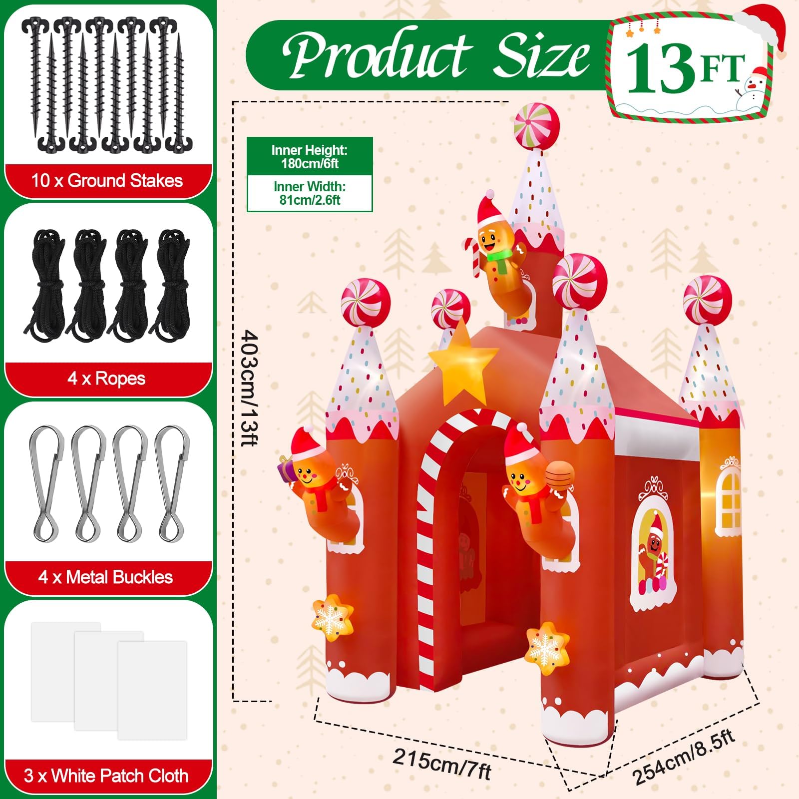 Kalolary 13FT Christmas Inflatable Archway with LED Light, Large Gingerbread Man Tunnel Inflatable Christmas Castle Yard Inflata