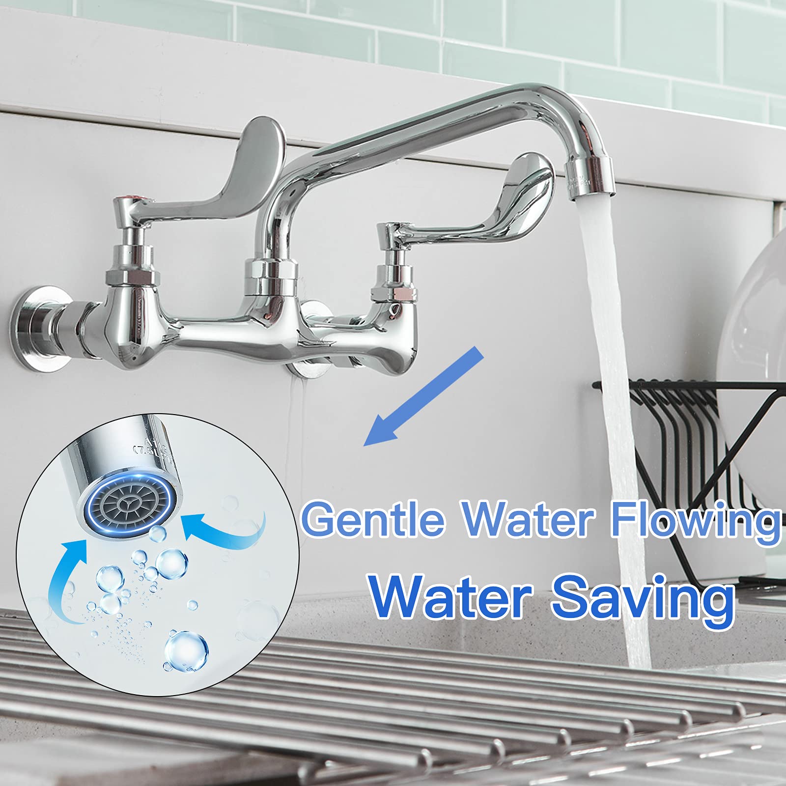 Bwe Kitchen Sink Faucet, Wall Mount Faucet 2 Handle With Swivel Spout 8'' Center Sink Faucet Commercial Polished Chrome Utility