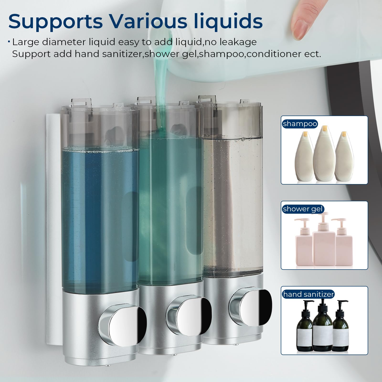 Shampoo And Conditioner Dispenser, Pollock Shower Dispenser 3 Chamber No Drill Shampoo Dispenser For Shower Wall Mounted Shampoo