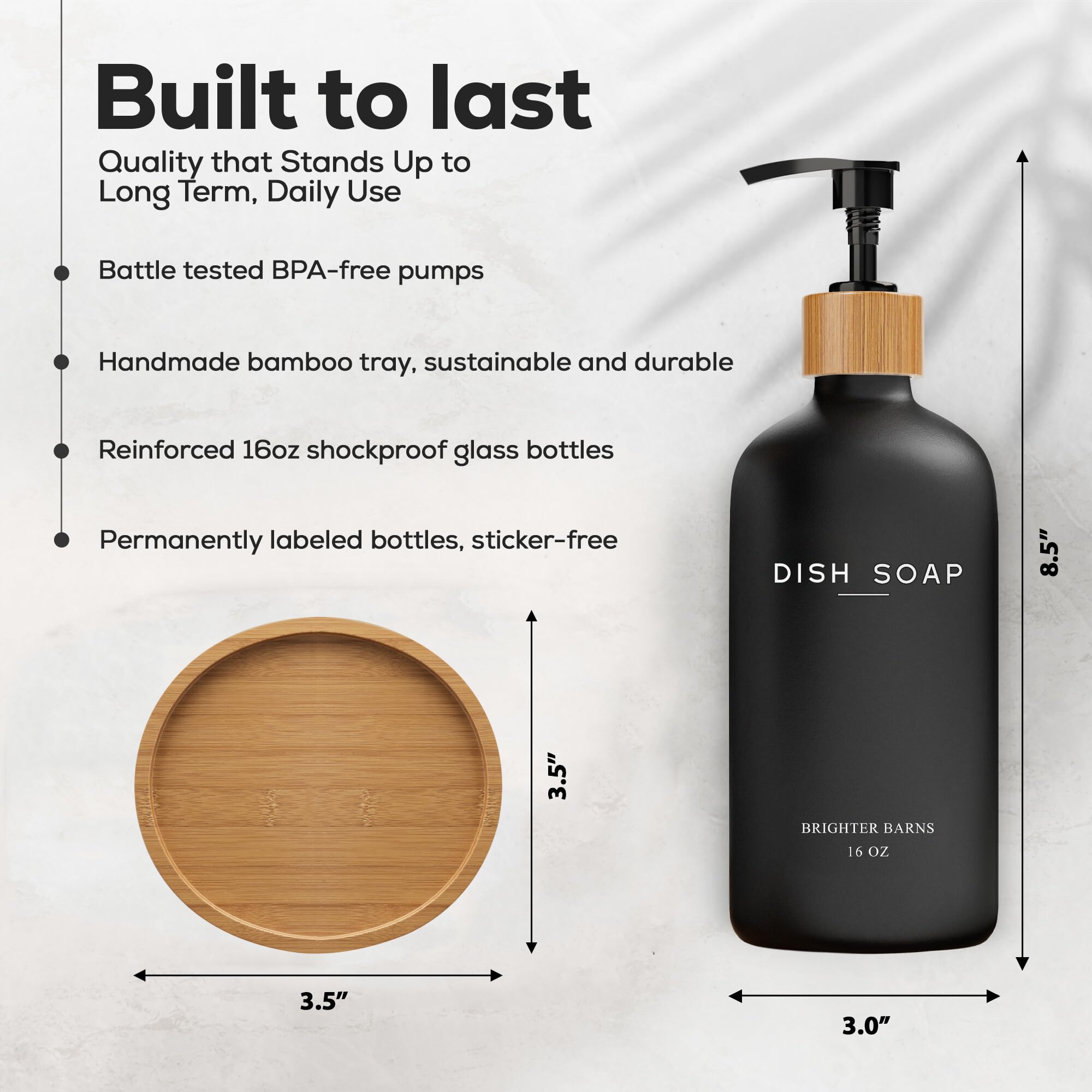 Black Glass Dish Soap Dispenser For Kitchen Sink By Brighter Barns - Matte Black Kitchen Soap Dispenser Set With Tray- Bamboo So