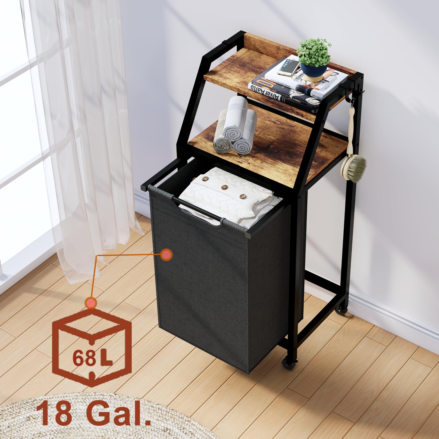 Timberer Laundry Hamper, Laundry Sorter, Rolling Laundry Basket With Wheels, 2 Shelves, 18 Gal(68L), Pull-Out And Removable Laun