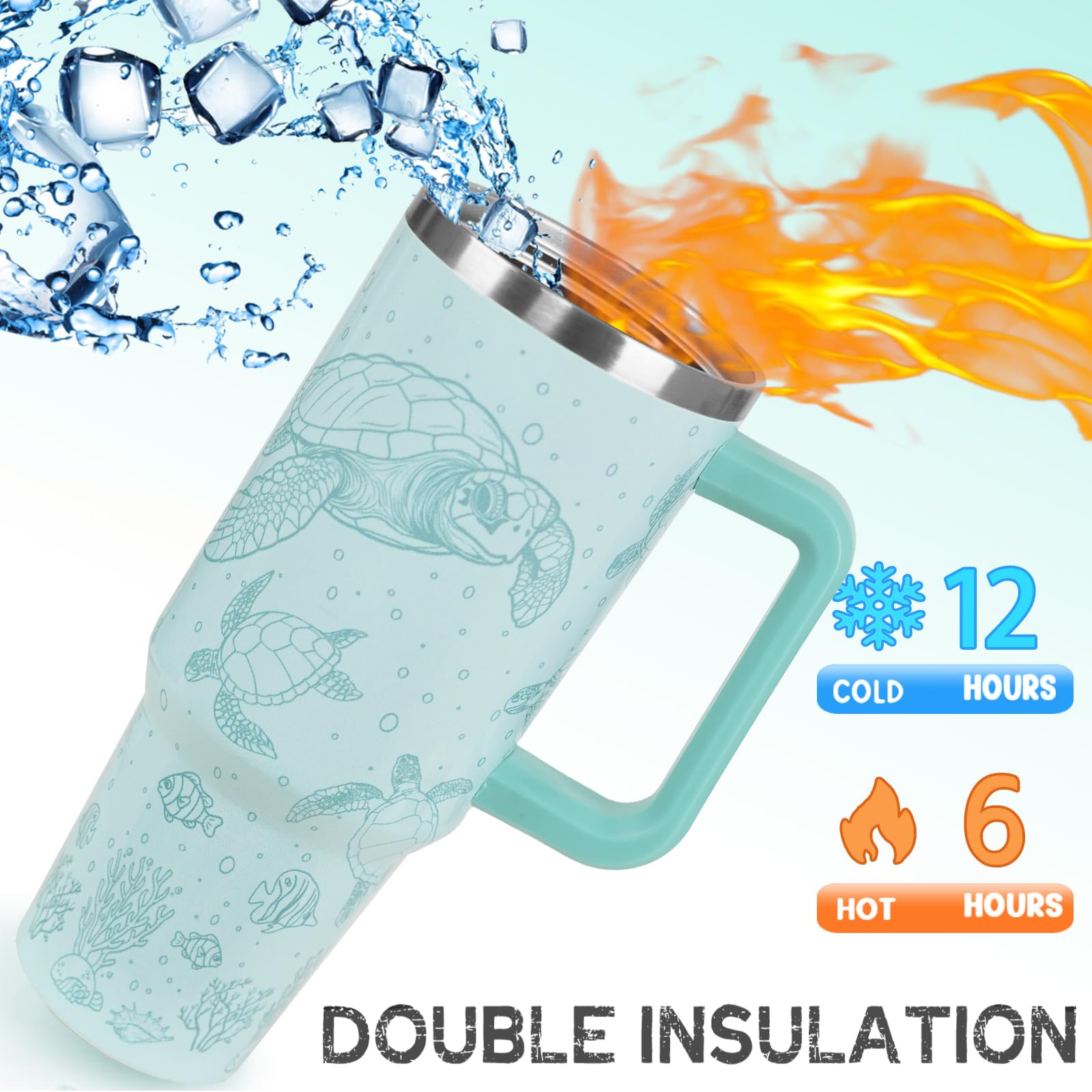 Nqhsionv Sea Turtle Tumbler with Handle and Straw 40 oz Turtle Cup Hawaiian Ocean Turtles Coffee Travel Mug Stainless Steel Insu