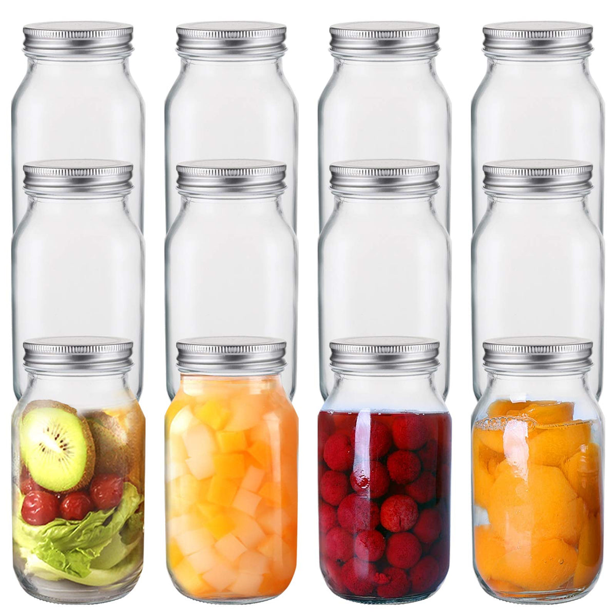 Jucoan 12 Pack 24 Oz Glass Mason Jar Canning Jar With Silver Airtight Metal Lids, Regular Mouth Glass Jars For Preserving Fruits
