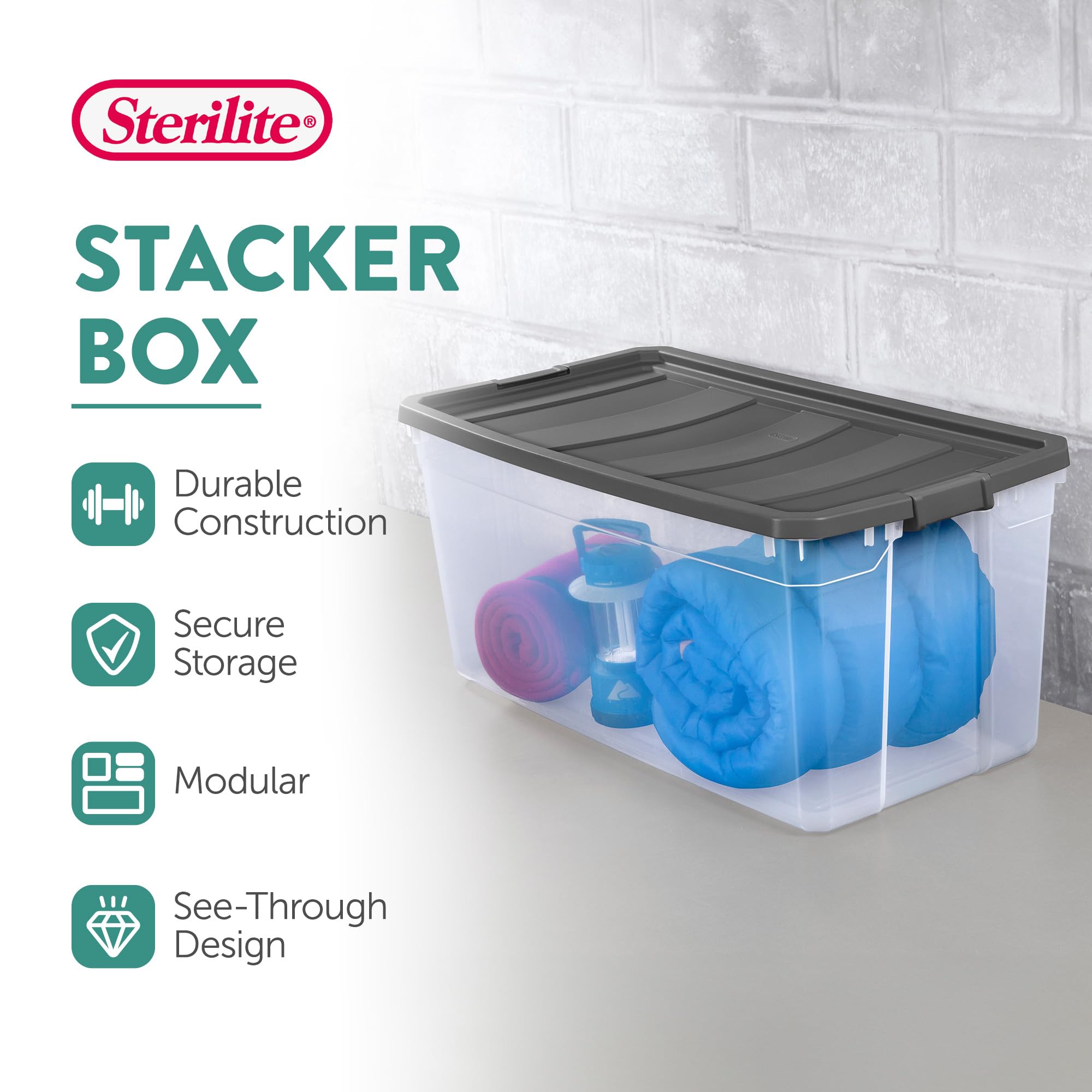 Sterilite 200 Quart Plastic Stacker Box, Lidded Storage Bin Container For Home And Garage Organizing, Shoes, Tools, Clear Base &