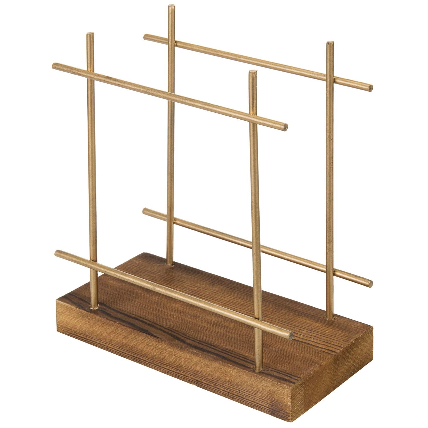Mygift Contemporary Brass-Tone Wire Metal Upright Napkin Holder With Rustic Burnt Brown Wood Base, Decorative Kitchen Table Dini