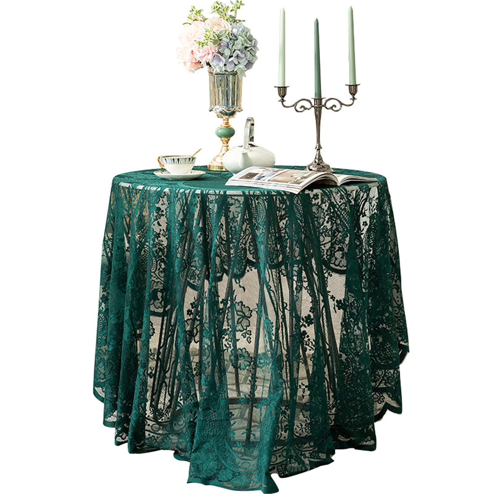 Green Lace Tablecloth Embroidered Elegant Floral Patterns Table Cloth Round Overlay Table Cover For Wedding Party Holiday Long D
