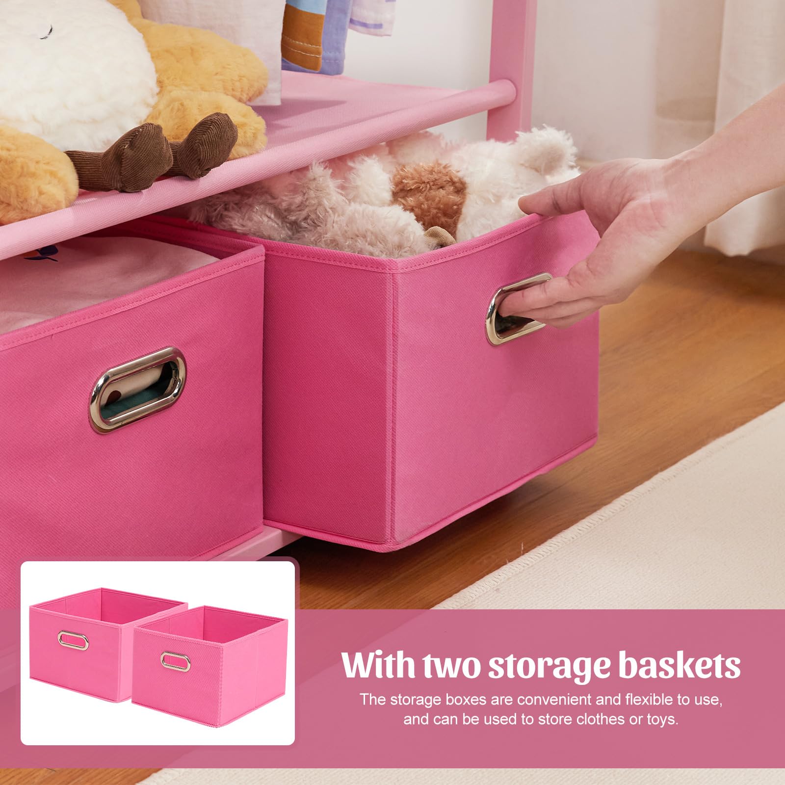 Vilaxing Bamboo Kids Clothing Rack with 2 Baskets & Adjustable Rods, Pink, Model UF101, Ideal for Playroom & Bedroom