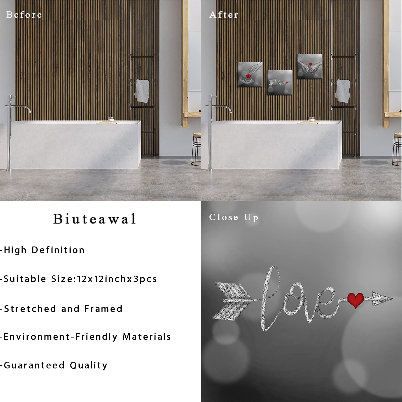 Biuteawal Love and Hand in Hand Wall Art Red Rose Floral Heart Painting Canvas Print Romantic Picture Poster Home Bedroom Bathroom Decor Valentine's Day Gift Black and White Artwork