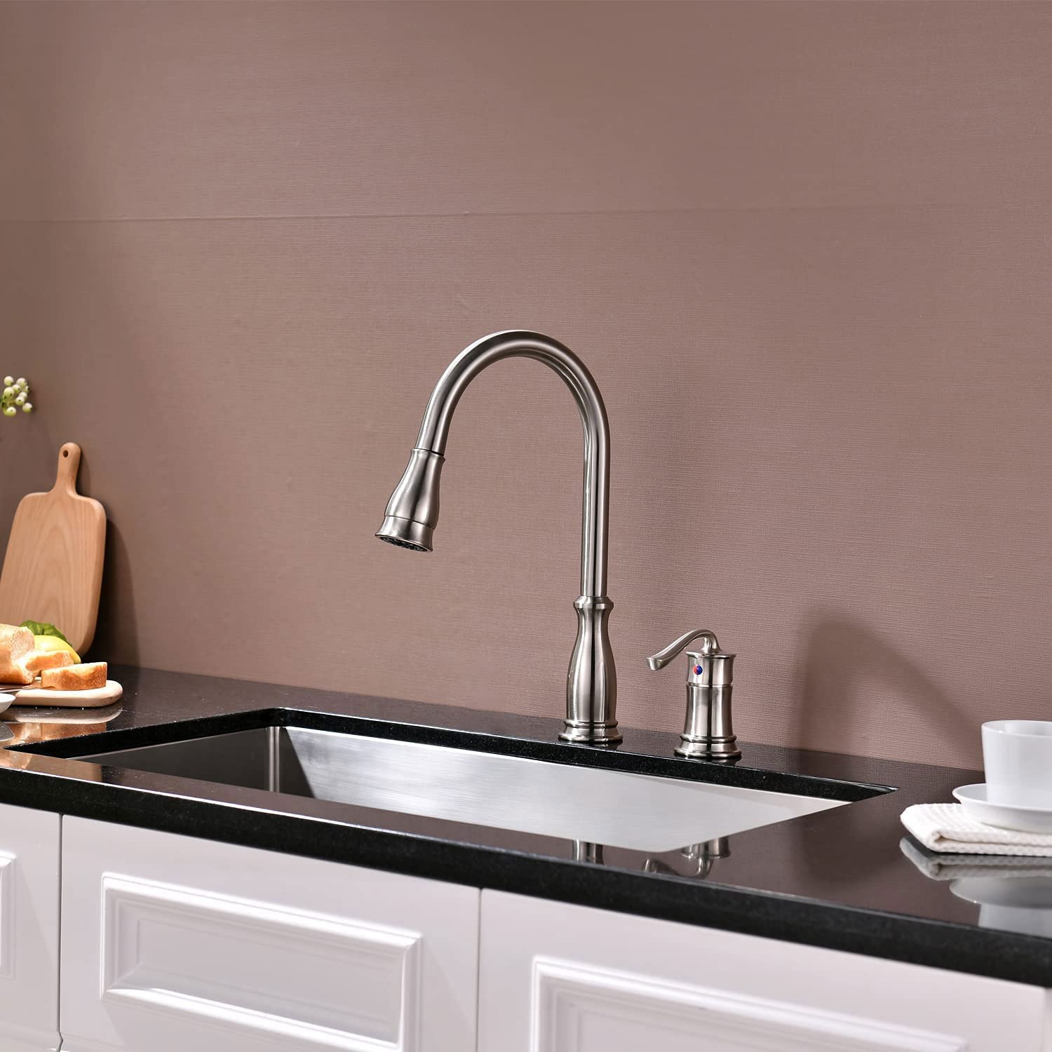 APPASO 3 Hole Kitchen Faucet with Pull Down Sprayer Brushed Nickel  3 Pieces Kitchen Sink Faucet with Soap Dispenser and Side Single Handle  Stainless Steel  228BN