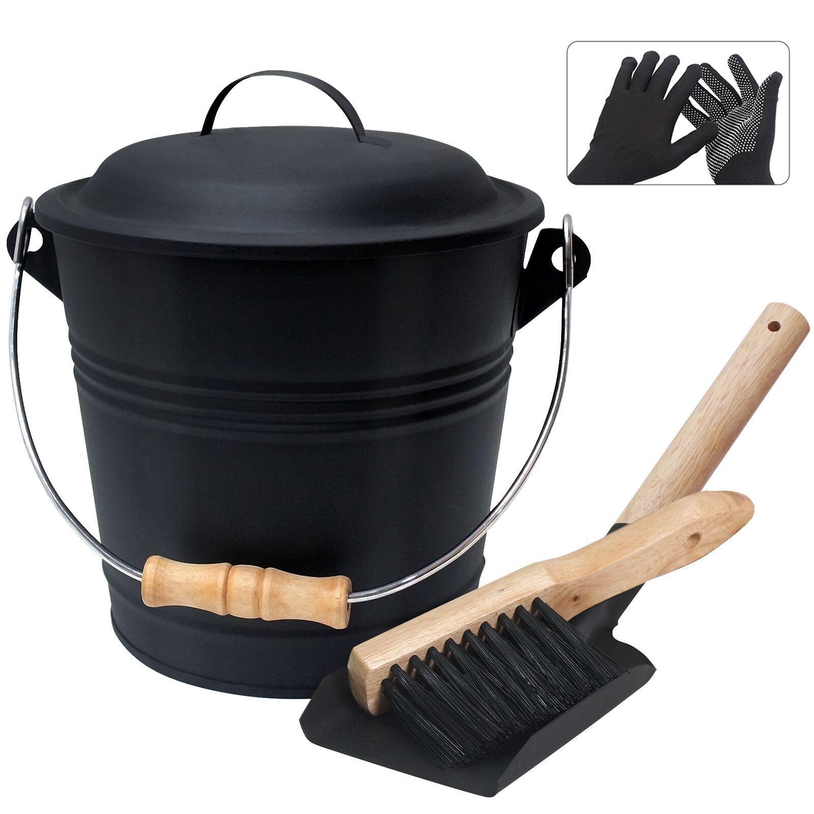 Brian & Dany Mini Ash Bucket With Lid And Shovel, 1.5 Gallon Fireplace Bucket With Broom, Coal Bucket Ash Can For Fireplace, Ash