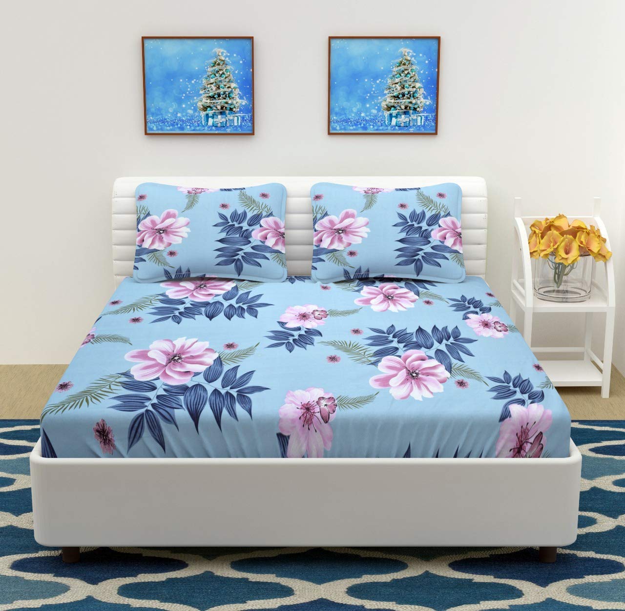 Optra  Homes Divine Collection 144Tc Bedsheets And 2 Pillow Covers Size 230 Cm X 228 Cm (Aqua Floral, Printed Double)