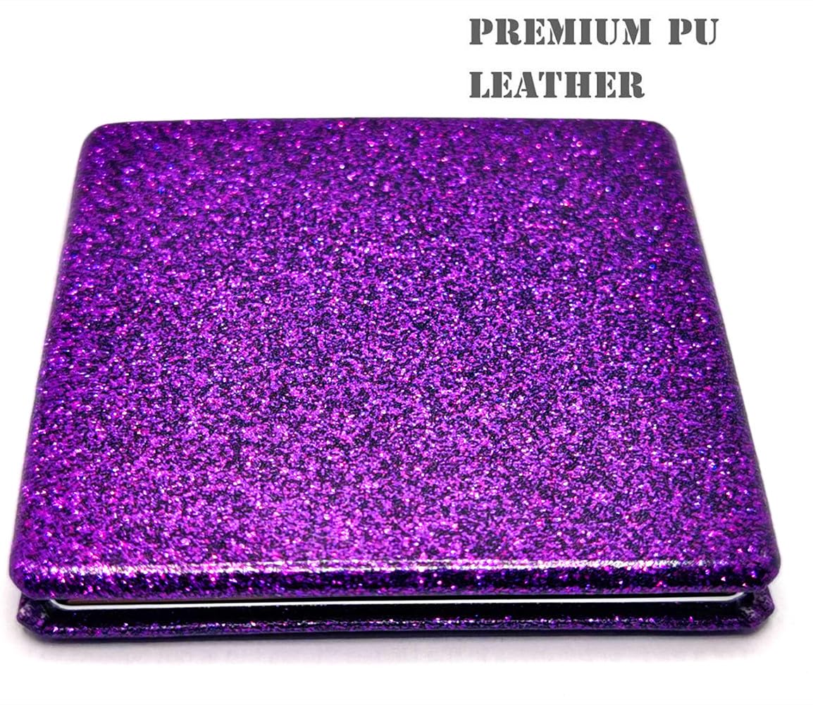 Mpowtech Square Purple Compact Mirror For Women,Small Magnifying Travel Mirror With Glitter,Portable 2 X 1X Magnification Foldin