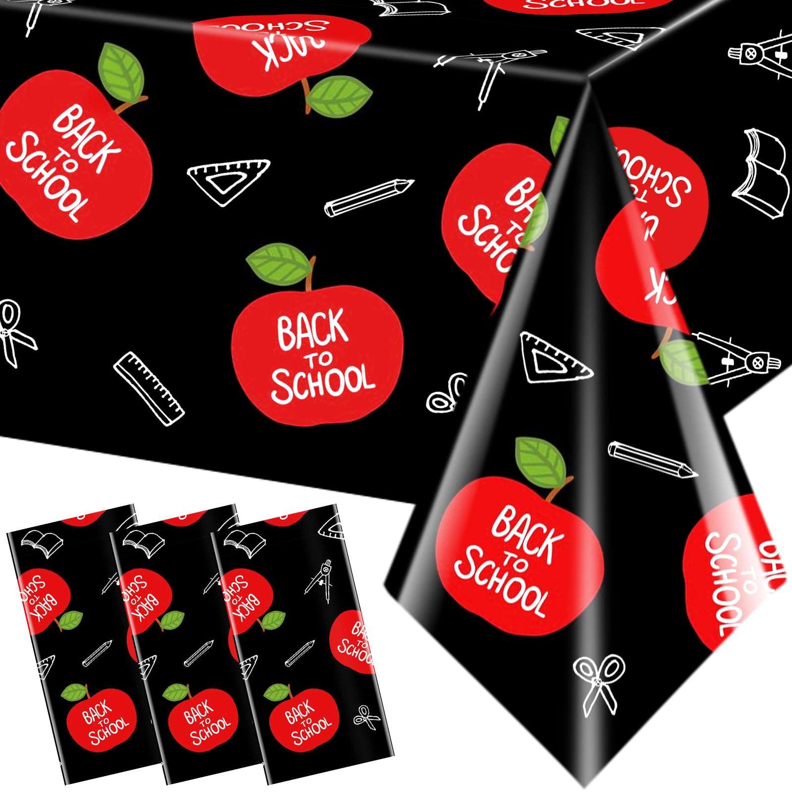 Whaline 3Pcs Welcome Back To School Party Tablecloth 54X108 Inch Waterproof Table Cover Red Apples Pencils Books Plastic Table C