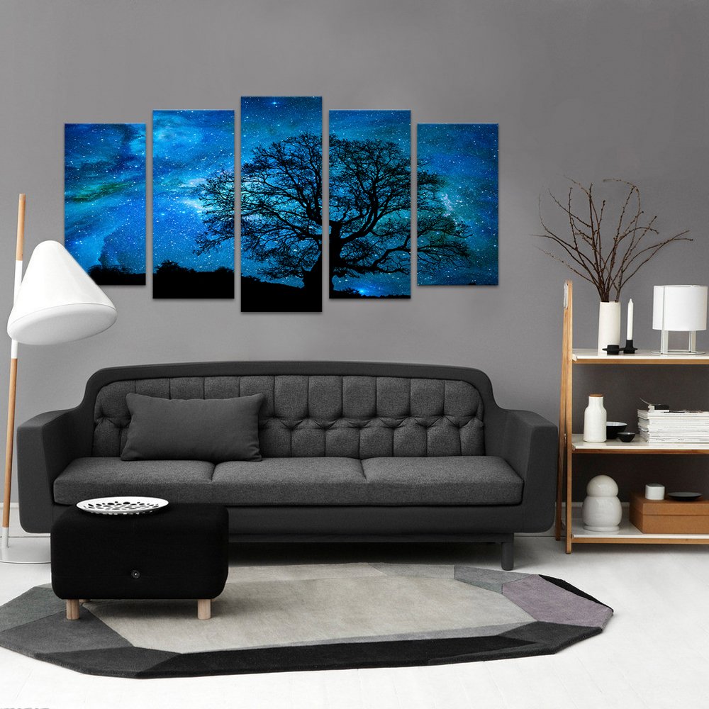 Xlarge Starry Night Canvas Wall Art Black Tree Galaxy Landscape Prints Wall Decal Artwork,Starry Painting Prints For Living Room
