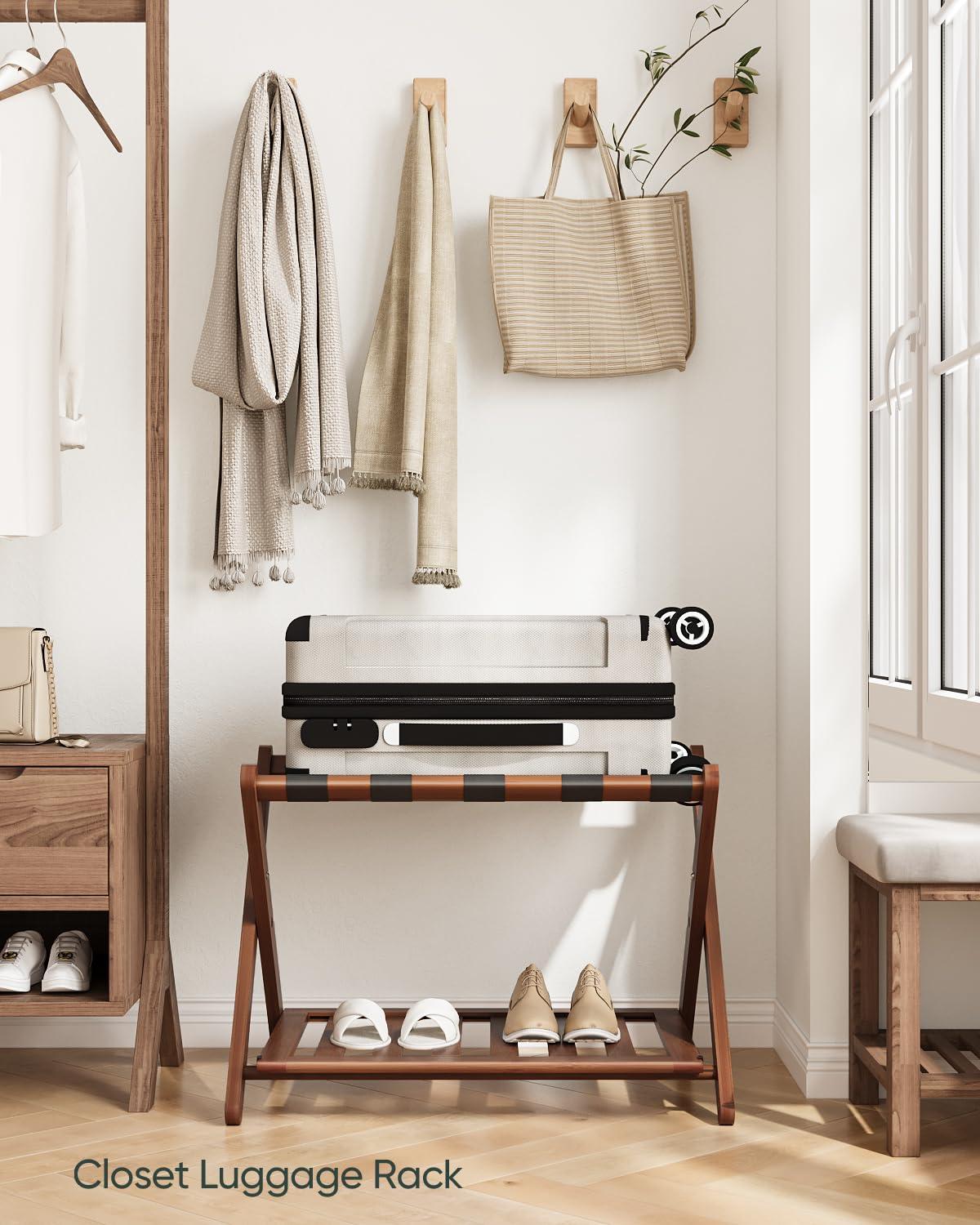 Smart Fendee Fully Assembled Walnut Bamboo Luggage Racks With Storage Shelf, 5 Heavy-Duty Straps Folding Suitcase Stand, Large L