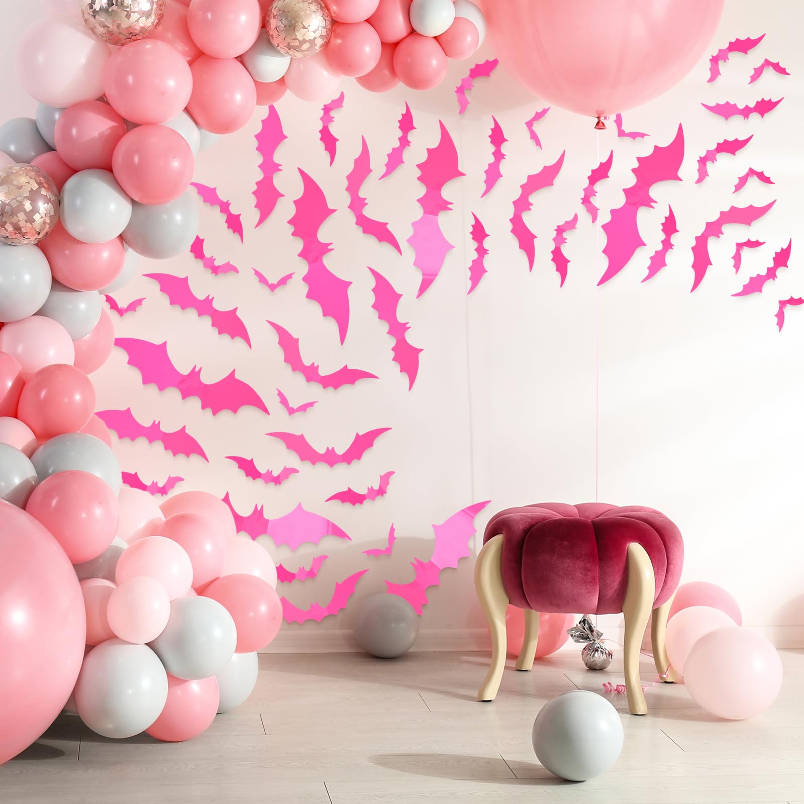 Whaline 72Pcs Halloween Bat Wall Stickers Hot Pink Plastic Waterproof Decorative Decals 3D Wall Decoration With Foam Stickers Fo
