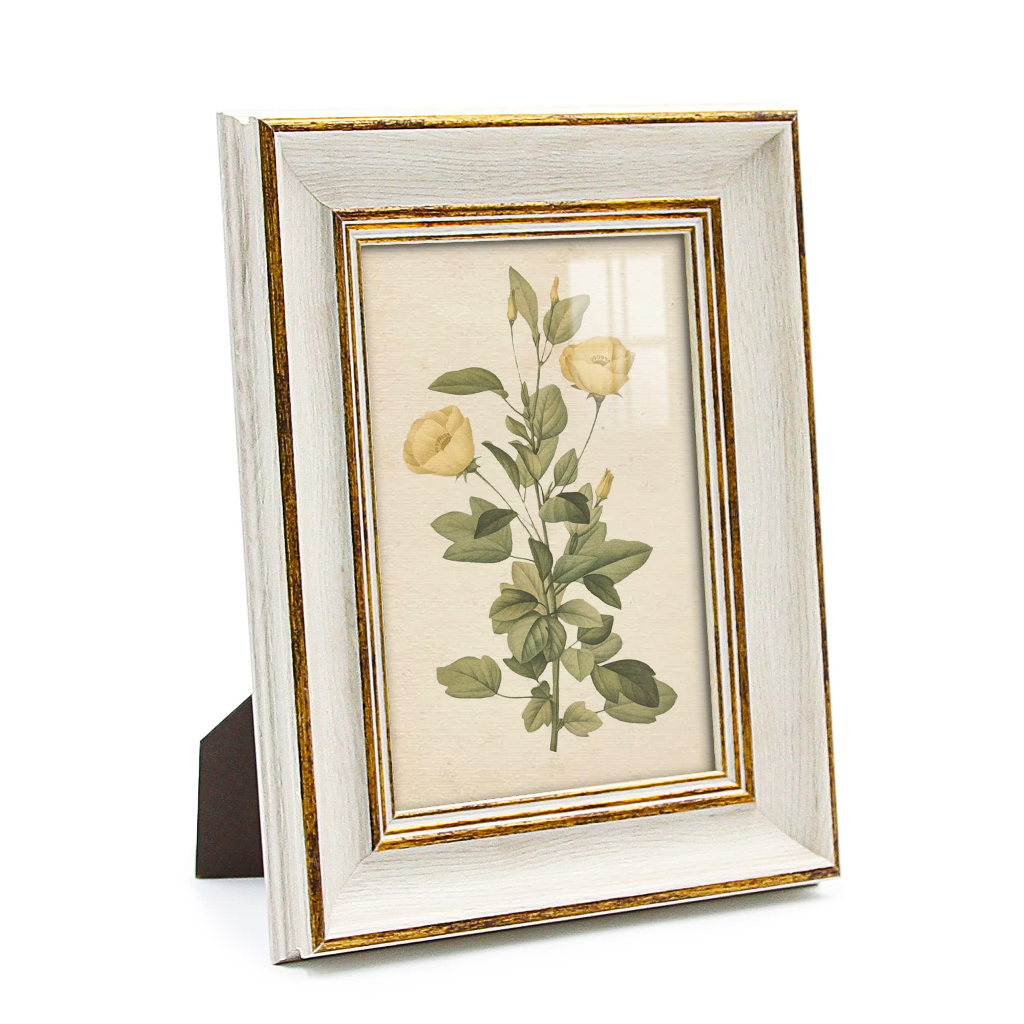 Sapowerntus Vintage 5x7 Picture Frame White Distressed Gold Edging Photo Frames Set Antique Real Glass Wall Hanging Tabletop Dis