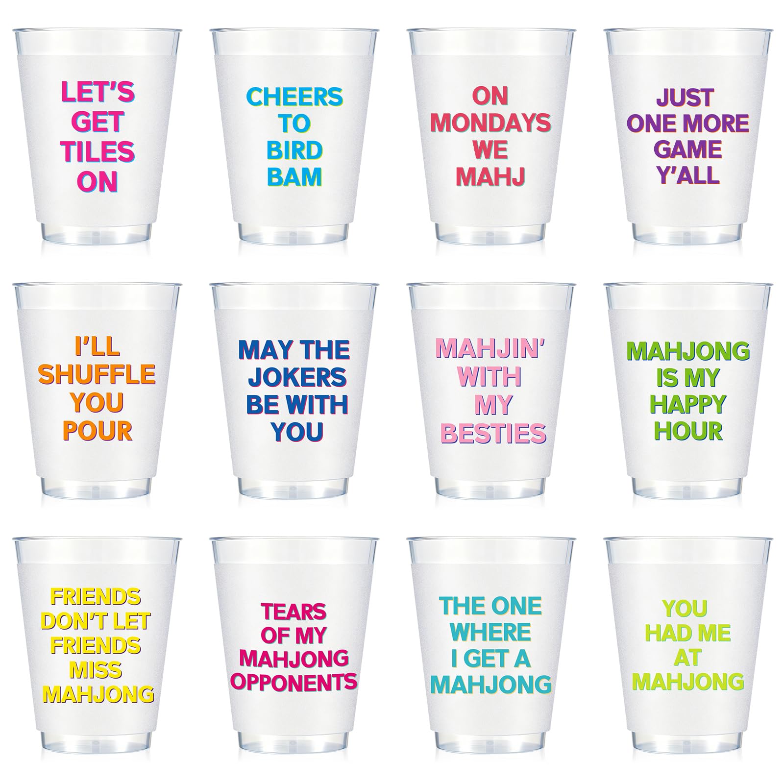 LemonRoad 12 Pcs 16 oz Mahjong Cups Frosted Phrases Mah Jong Party Supplies