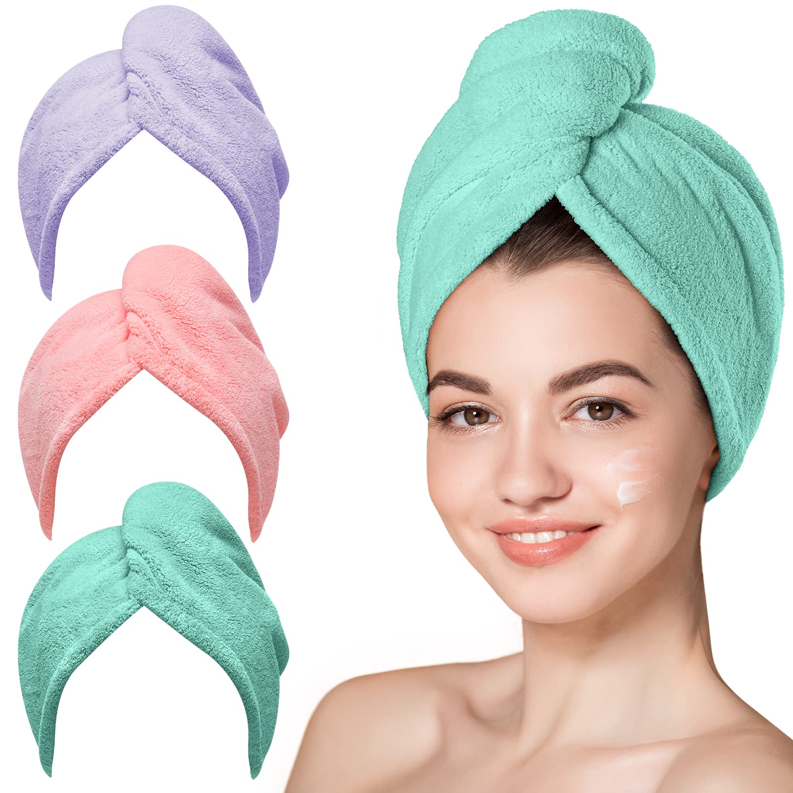 Hicober Microfiber Hair Towel, 3 Packs Hair Turbans for Wet Hair, Drying Hair Wrap Towels for Curly Hair Women Anti Frizz (Pink,