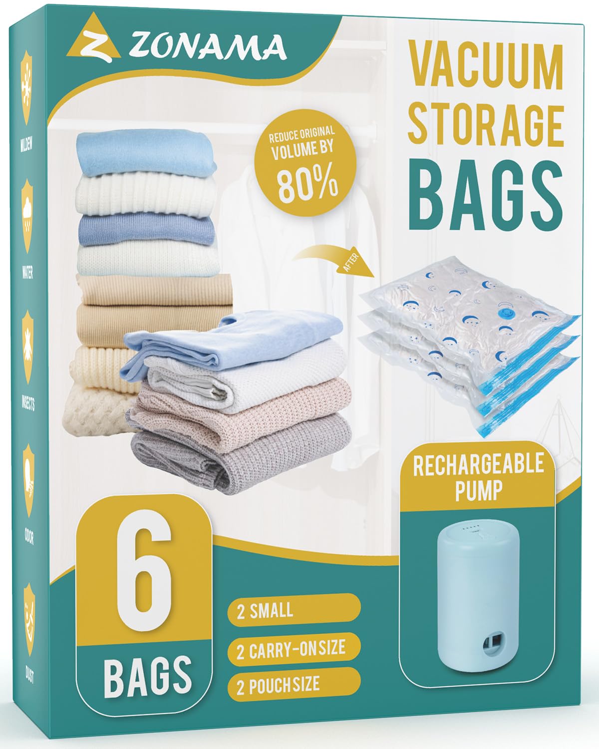 Vacuum Storage Bags For Travel, Combo 6 Pack Vacuum Sealed Bags With 1500Mah Portable Rechargeable Electric Pump For Clothes, Pi