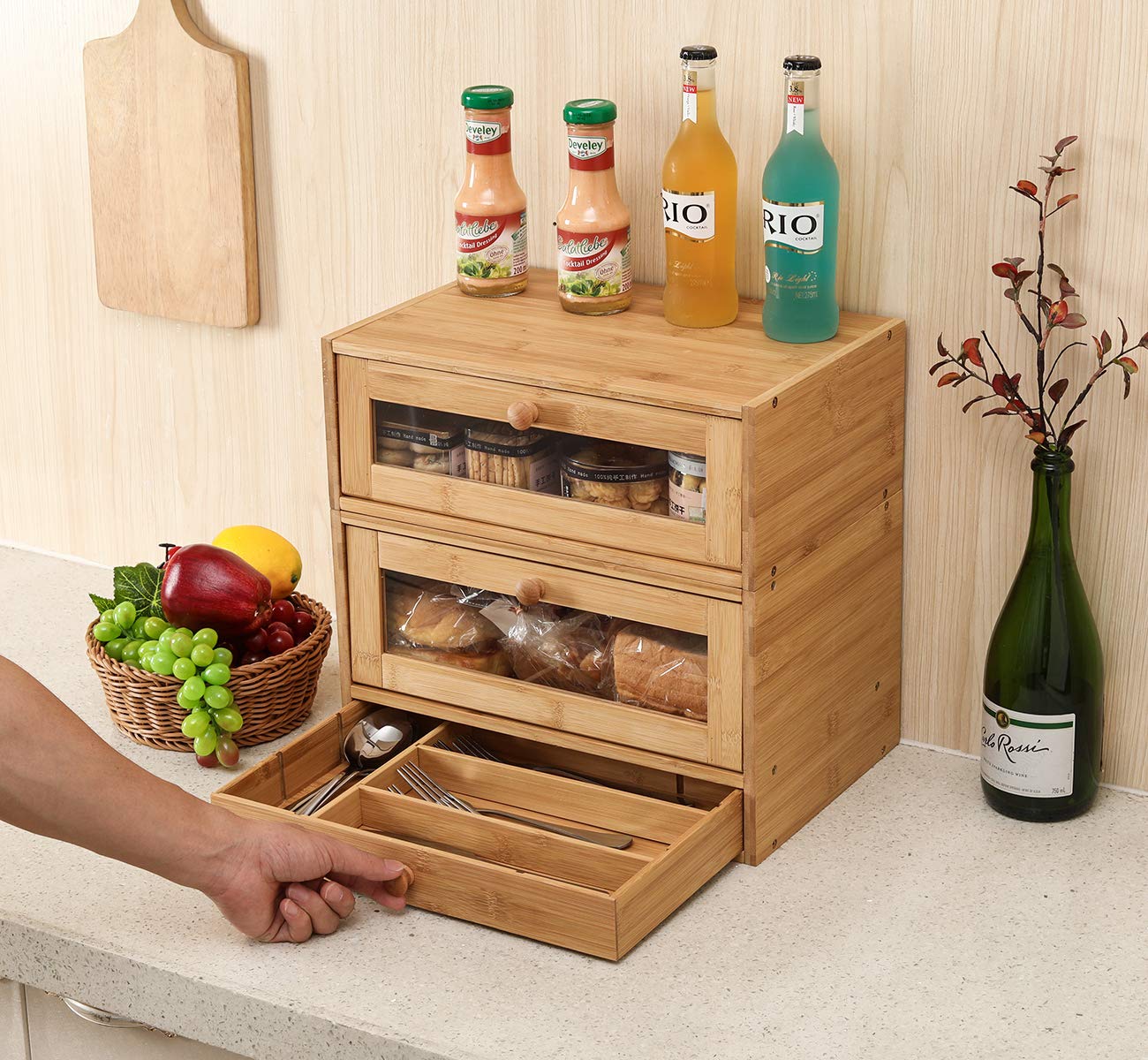 Izlif Bread Box For Kitchen Countertop Removable 2 Layer Natural Bamboo Bread Storage Container With Window And Utensil Flatware