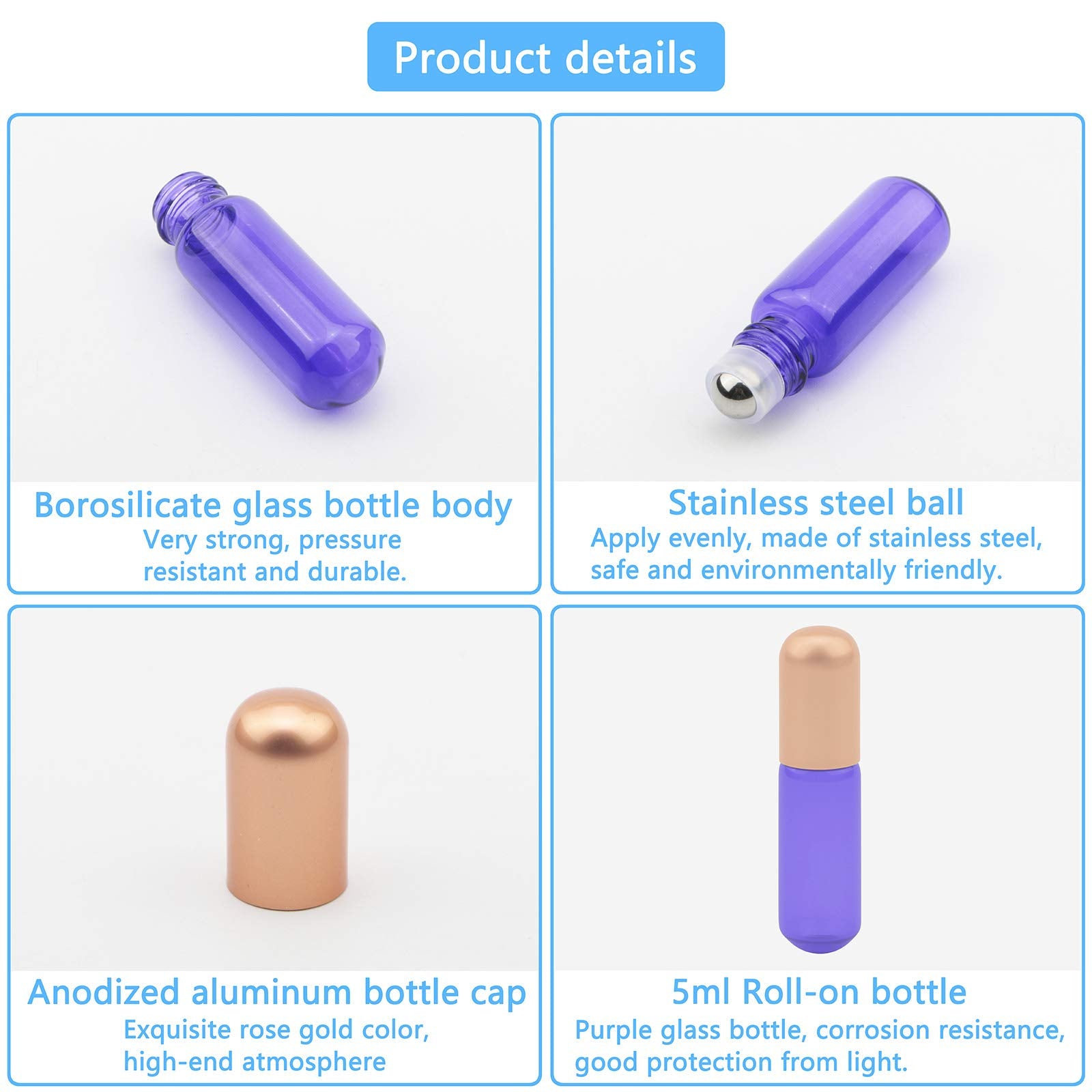 Newzoll 15Pcs Purple Glass Roller Bottles 5Ml Roll-On Bottles Refillable Empty Rolling Bottles Roller Vials Container For Essent