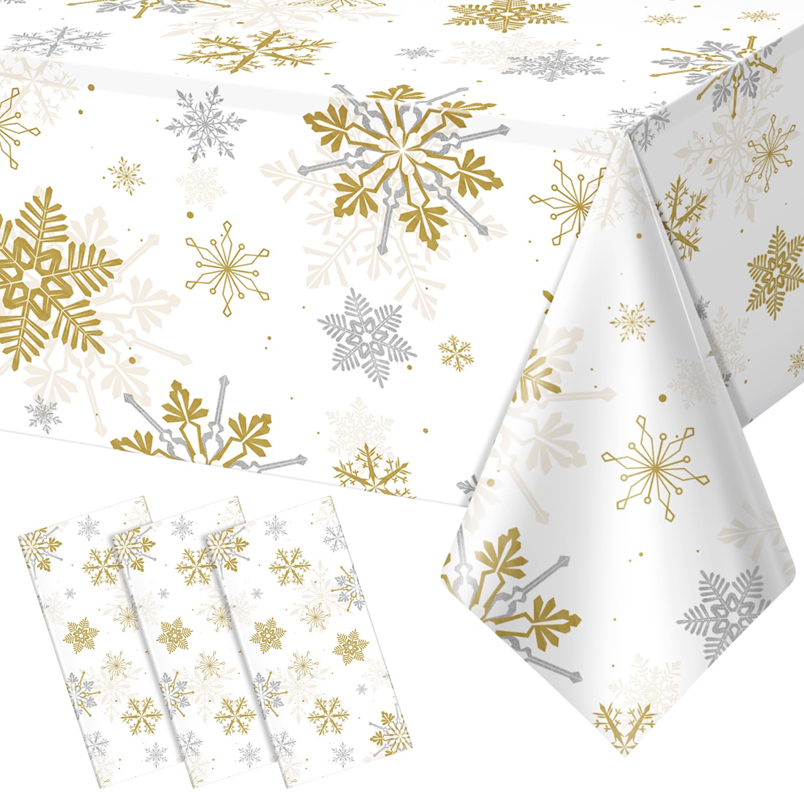 Jectivs 3Pcs Christmas Snowflake Party Tablecloths Decorations,Plastic White and Gold Table Cloth,Winter Rectangle Cover for New