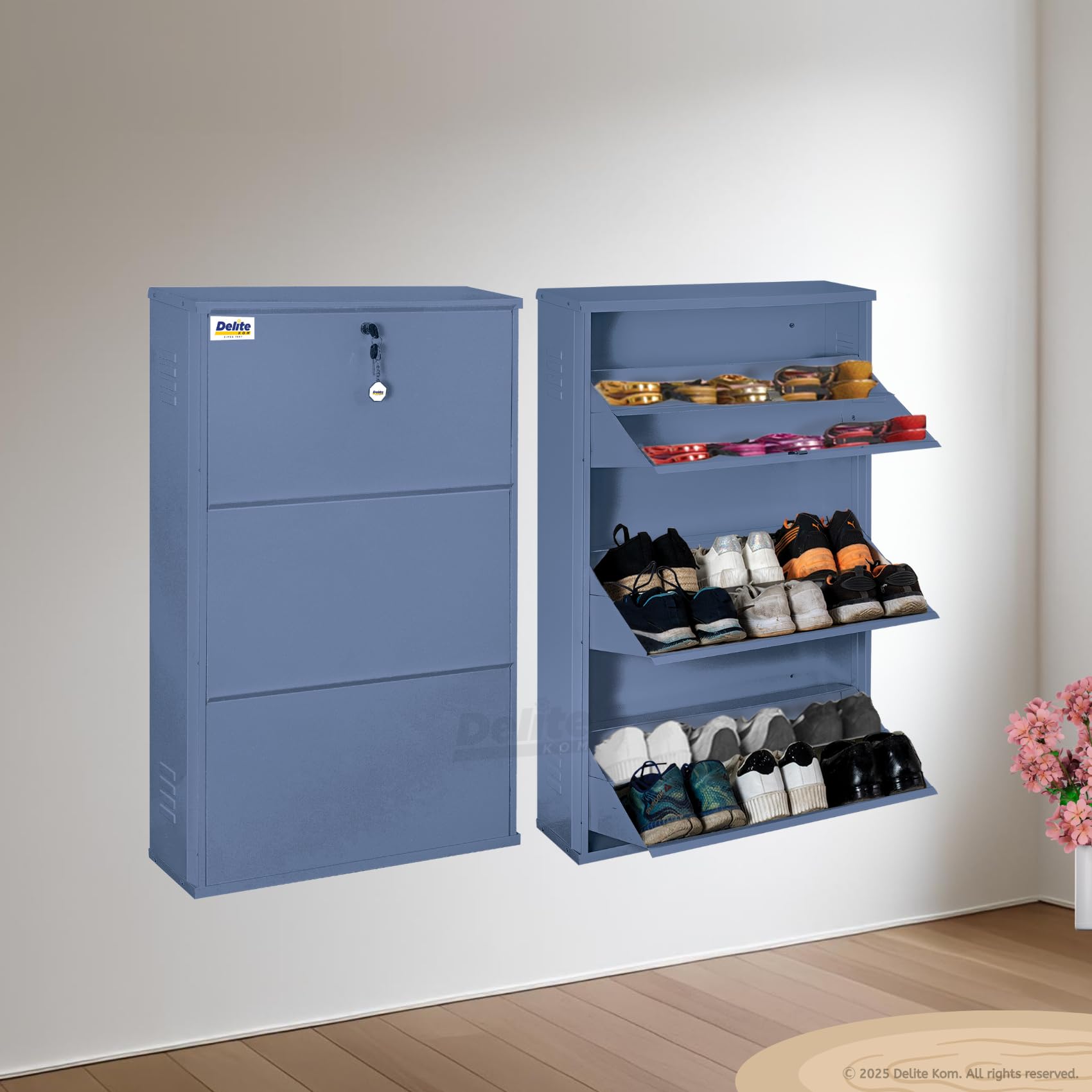 Delite Kom 24 Wide, 6 Shelf Metal Shoe Rack Wall Mounted For Home With Central Lock | Holds Upto 18 Shoes Or 30 Slippers Pair |