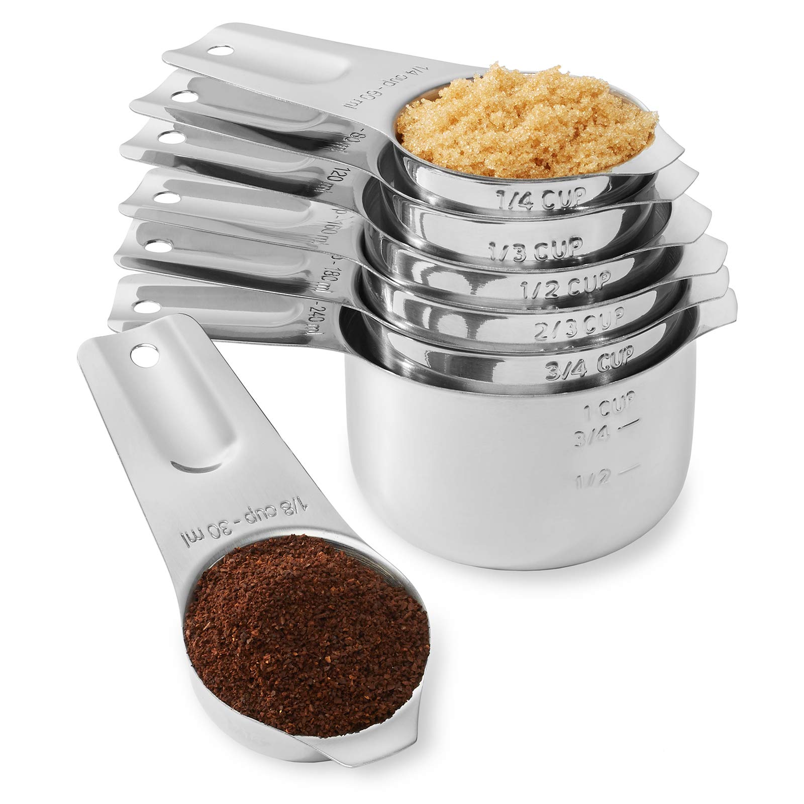 Last Confection 7Pc Stainless Steel Measuring Cup Set - Includes 1/8 Cup Coffee Scoop - Measurements For Dry And Liquid Cooking