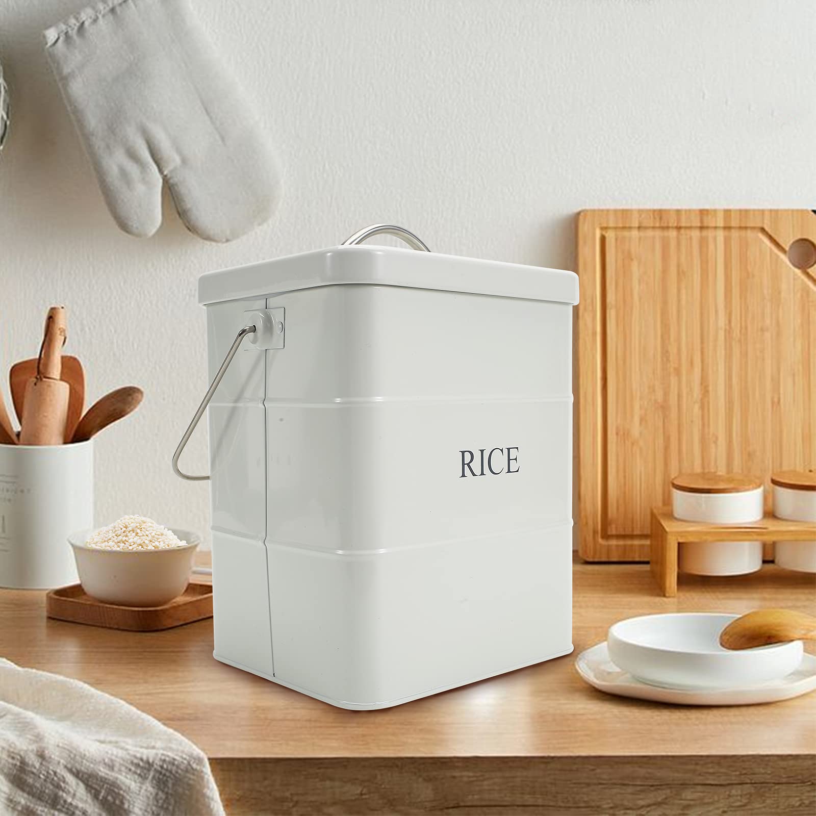 Xbopetda Metal Rice Storage Box  Square Rice Container with Lid and handle  Sealed Food Storage Bin for Kitchen  Countertop Organizer Jar for Rice Flour Soybean Grain Cereal-White