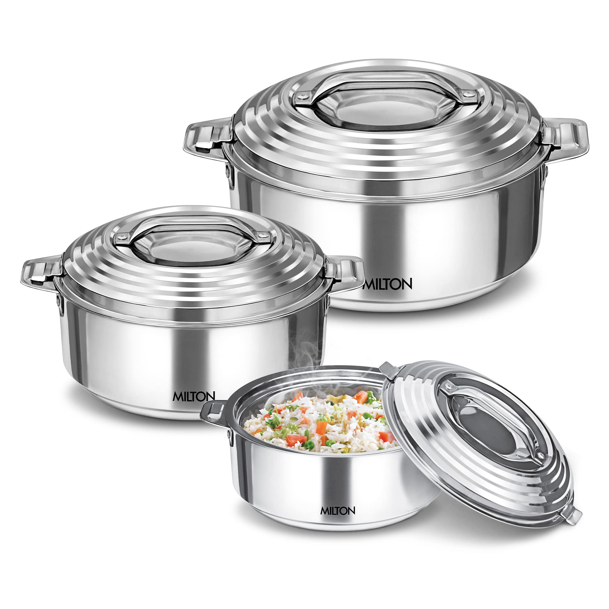 Milton Galaxia Set Of 3 Insulated Ss Casserole (1.2, 2.09, 2.45 L), Insulated Thermal Serving Bowl, Keeps Food Hot & Cold For Lo