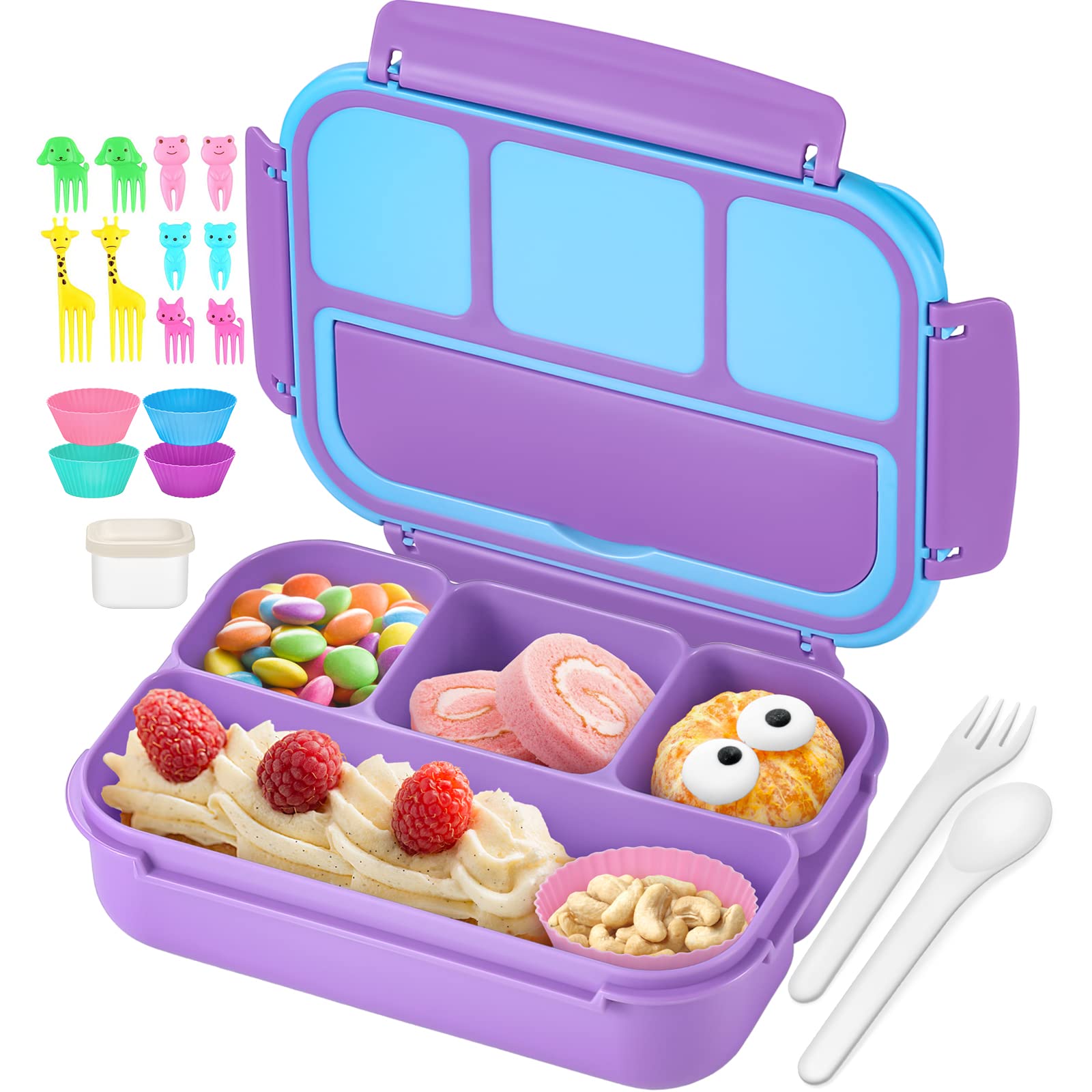 Qqko Bento Lunch Box With 4 Compartments, Sauce Container, Utensils, Food Picks And Muffin Cups For School - Purple