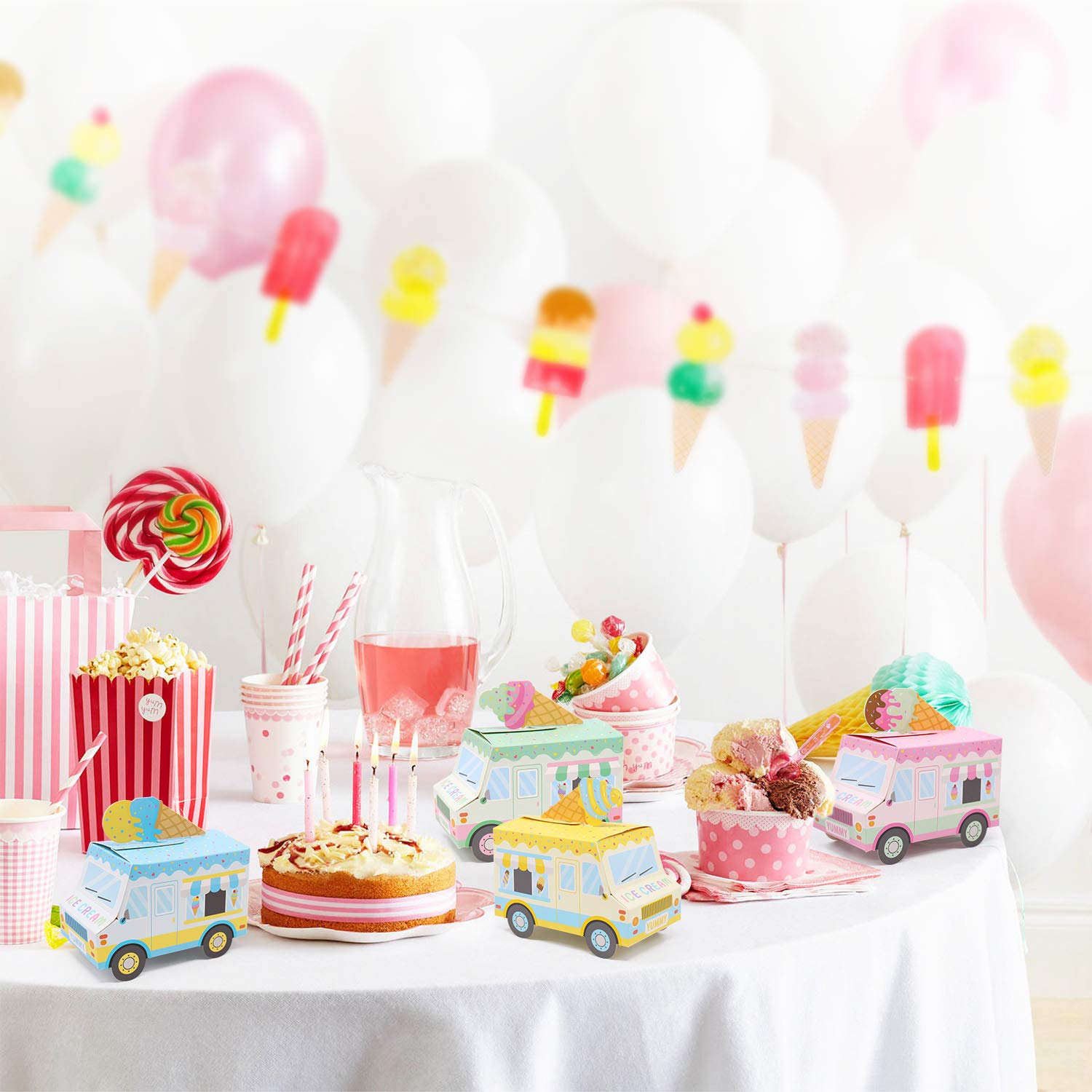 Ice Cream Party Favor Boxes Ice Cream Truck Shape Treat Boxes Summer Goodie Candy Boxes Sprinkles Themed Baby Shower Kids Birthday Party Centerpieces Table Decor Supplies Set of 12