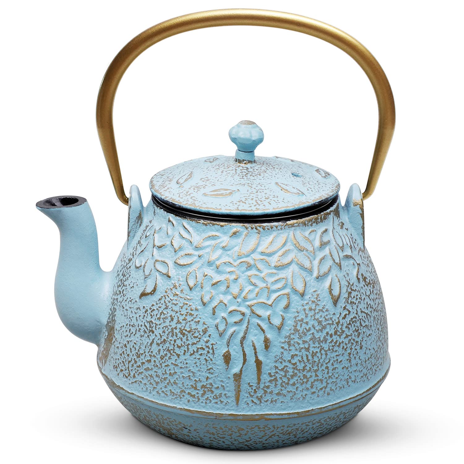 TOPTIER Japanese Cast Iron Tea Kettle with Stainless Steel Infuser, Cast Iron Teapot Stovetop Safe, Leaf Design Teapot Coated wi