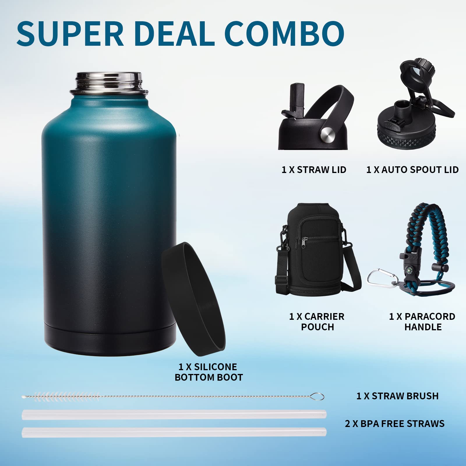 Insulated Water Bottle with Straw - 64oz Stainless Steel Water Bottles with Paracord Handle  1/2 Gallon Big Water Jug Vacuum Insulated Waterbottle Metal Flask Reusable Double Wall Sport Bottle