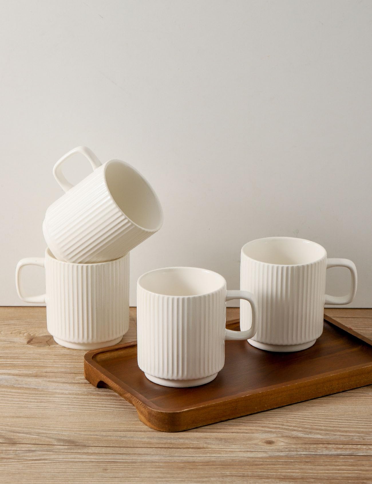 Seyatoo Ceramic Coffee Mugs Set of 4, Ribbed Tea Coffee Cups Set with Handle, Large Porcelain Mug for Americano, Latte, Cappucci