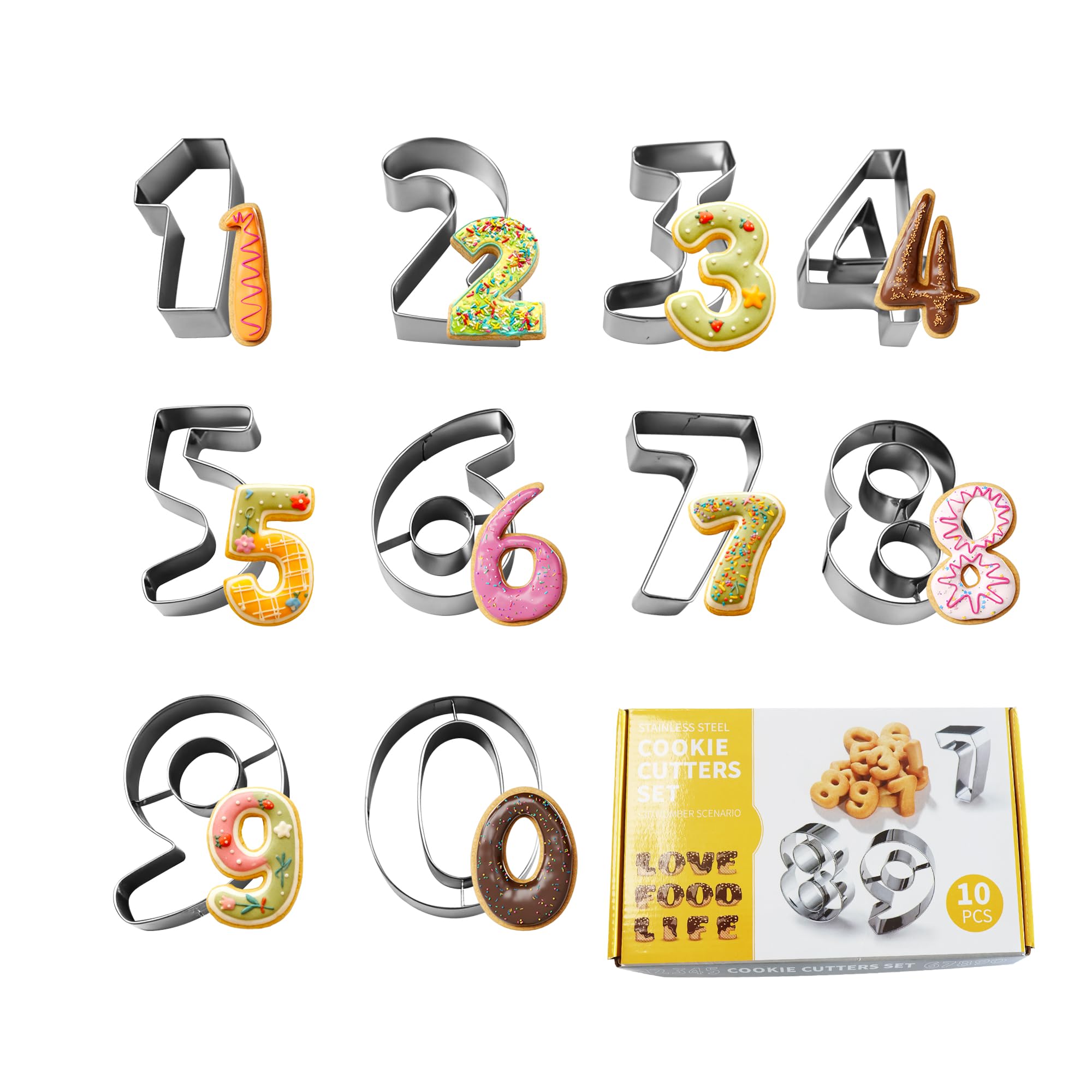Number Cookie Cutters Set, 10 PCS Birthday Numbers Cookie Cutter 0-9, 3 Stainless Steel Number Molds with Dough Scraper for Baki