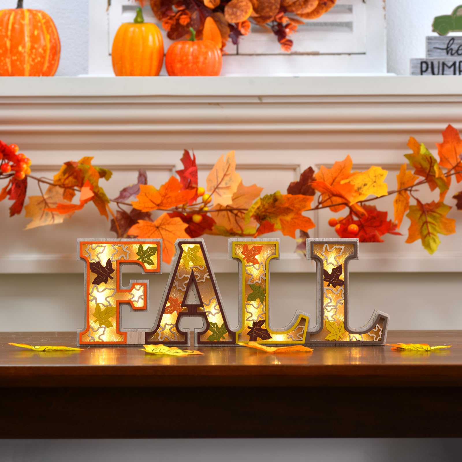 Lighted Fall Table Decoration, Rustic Wooden FALL Decor Sign with 3D LED Maple Leaves, Thanksgiving Table Centerpiece, Harvest A