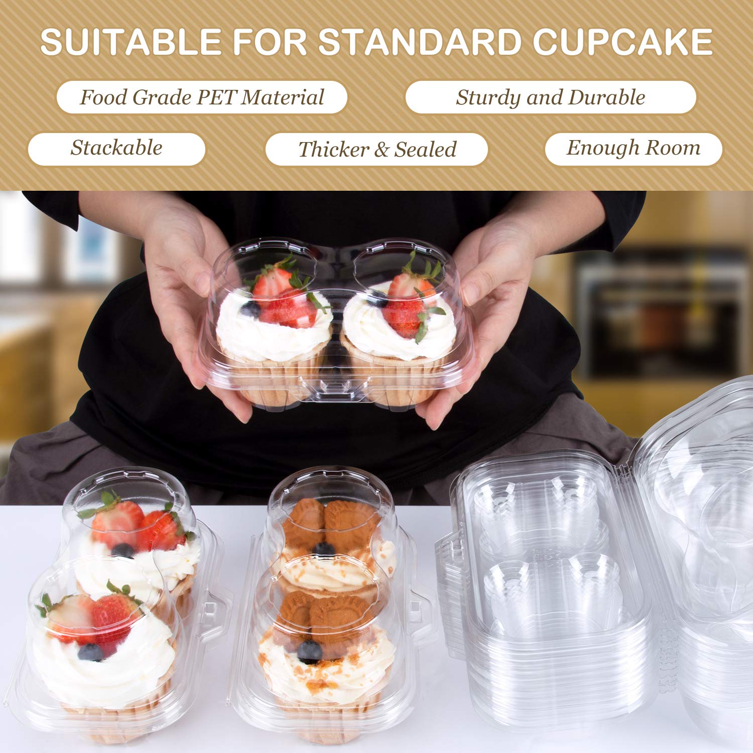 Himetsuya 2 Cavity Cupcake Boxes-Stackable Regular Cupcake Carrier Holder, Thicker Clear Cupcake Boxes, Non-Slip High Topping Cu